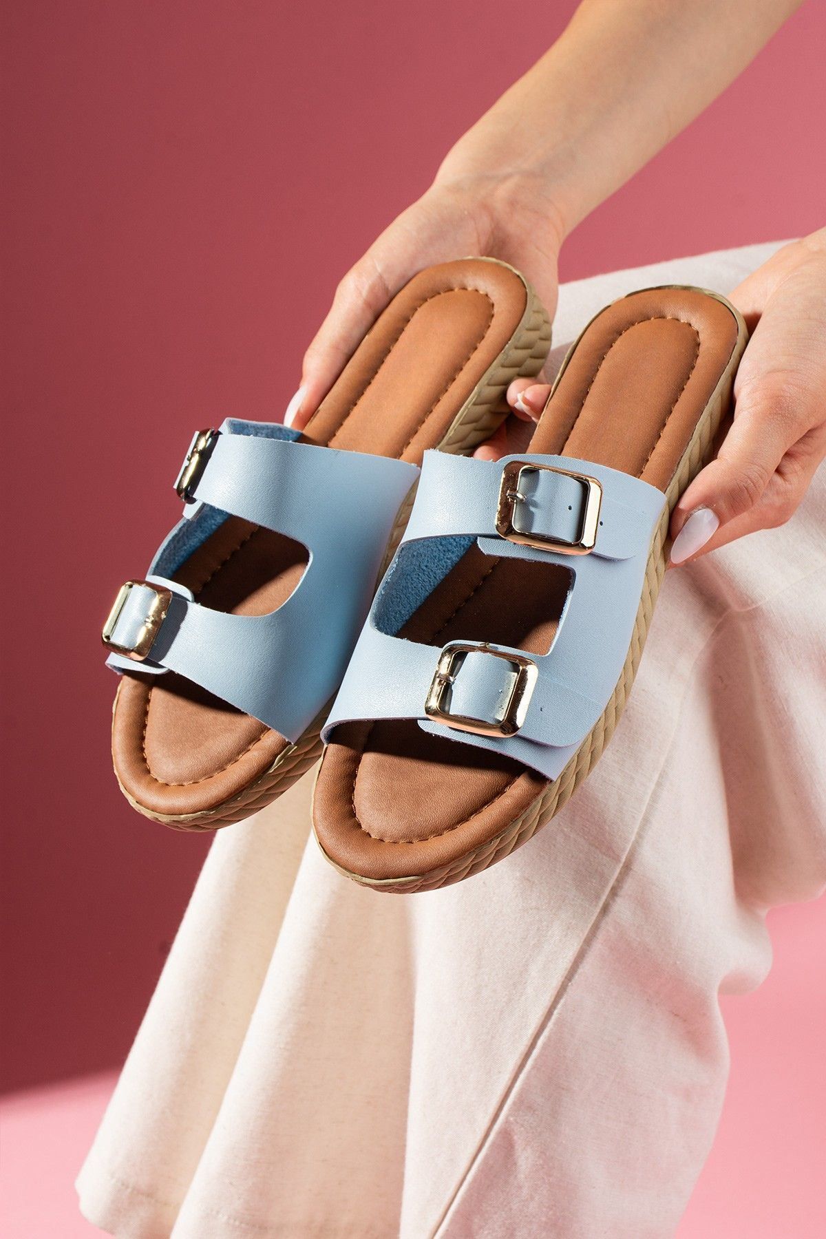 FUGA MODA Dopin Bebe Mavisi Çift Tokalı Taba Soft Zeminli Terlik