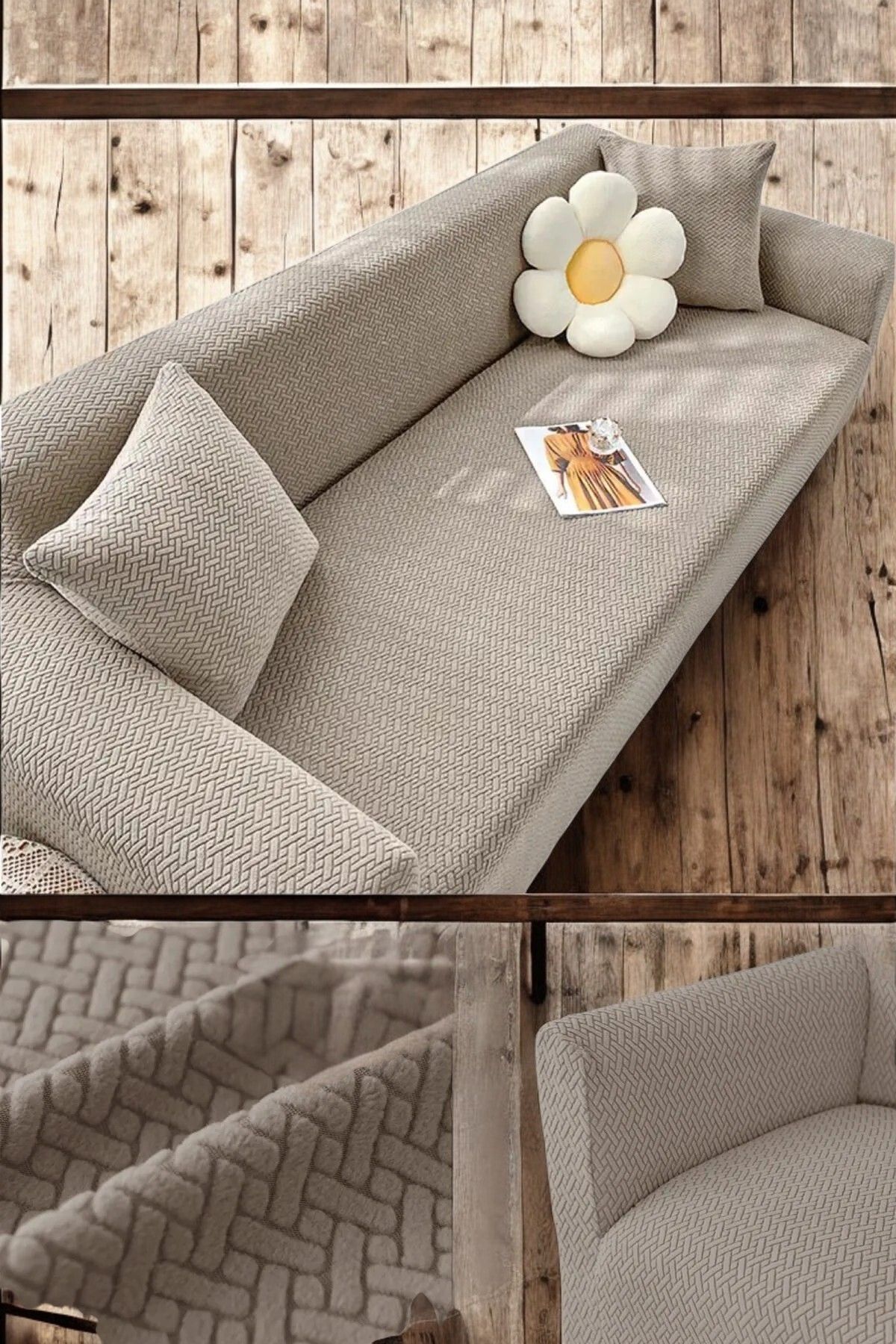 NEFİS HOME Tuğla Desen Koltuk Örtüsü Lastikli Kayma Yapmayan 3 Kişilik Kanepe Kılıfı 1 Adet