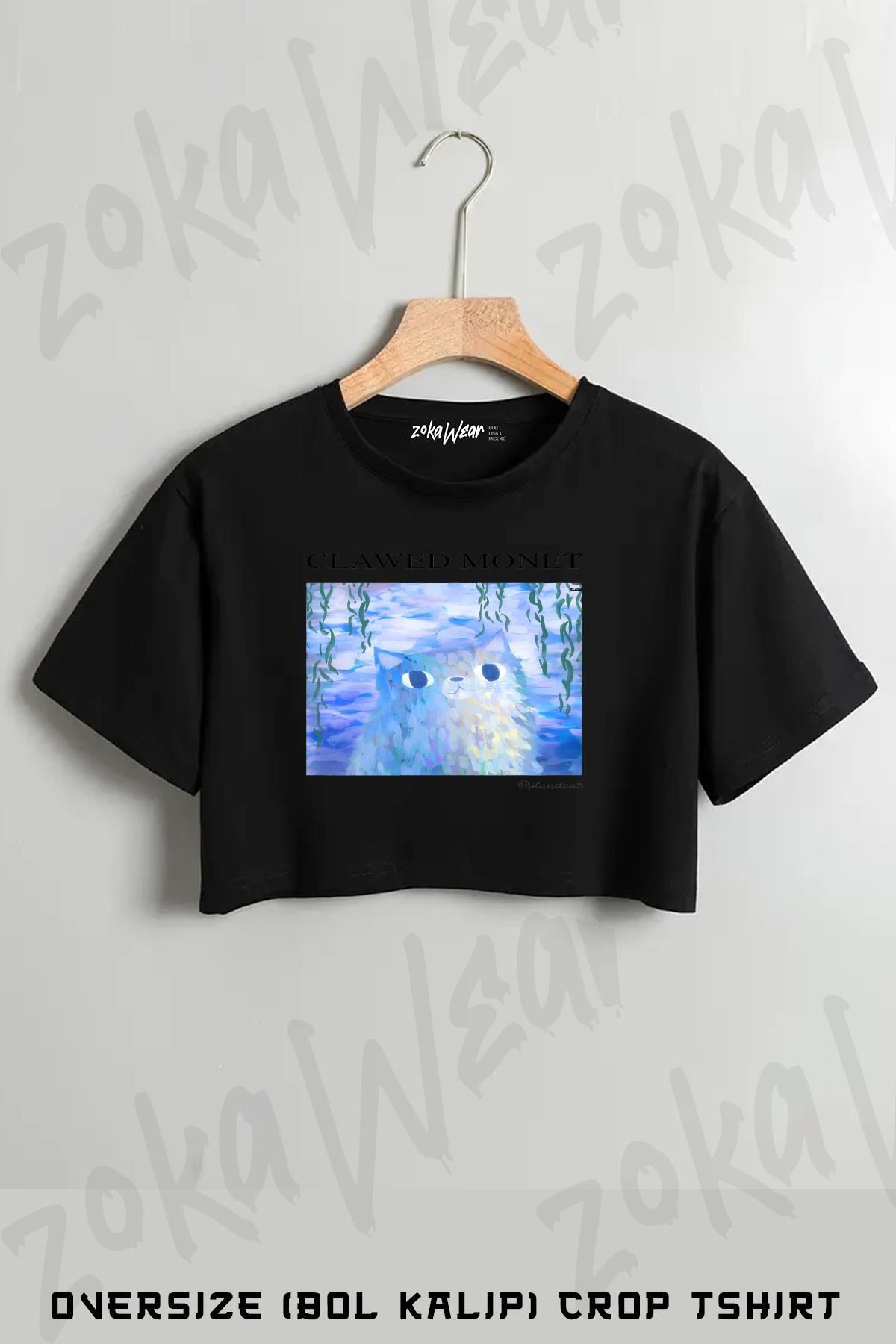 ZOKAWEAR Clawed Monet Artist Cat Baskılı Oversize Crop T-Shirt