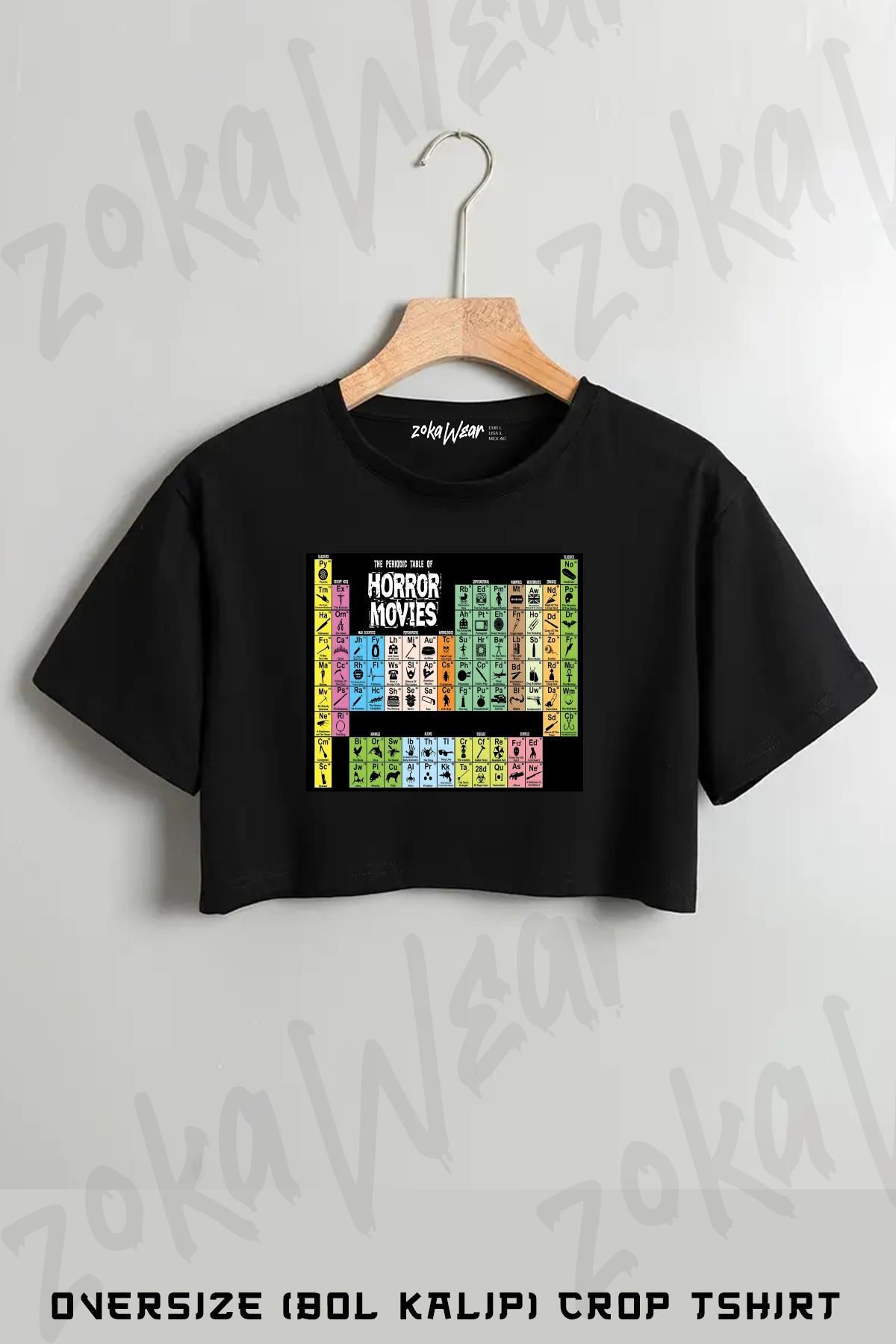 ZOKAWEAR Periodic Table of Horror Movies Baskılı Oversize Crop T-Shirt