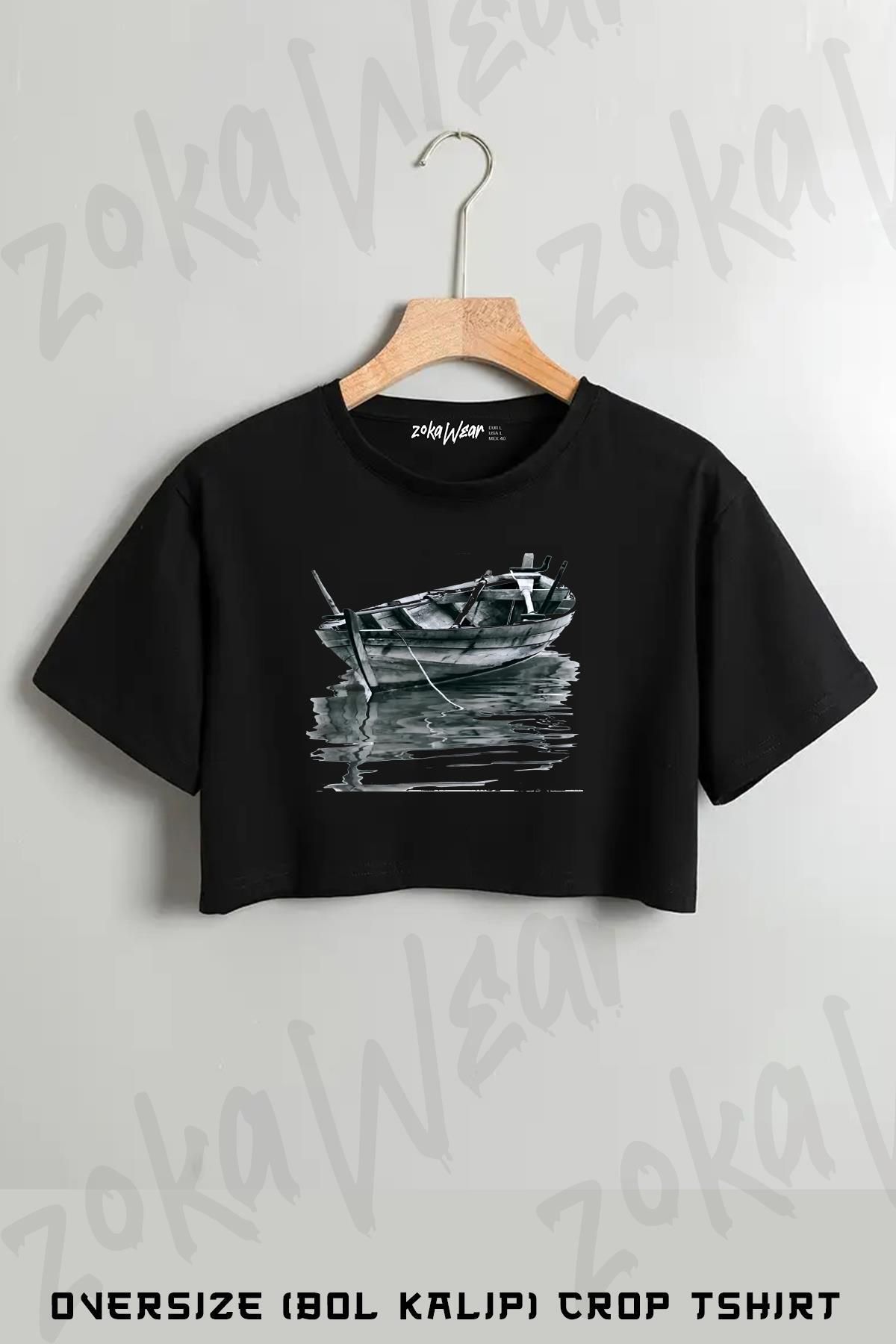 ZOKAWEAR Tekne Serisi 6 Yelkenli Deniz Baskılı Oversize Crop T-Shirt
