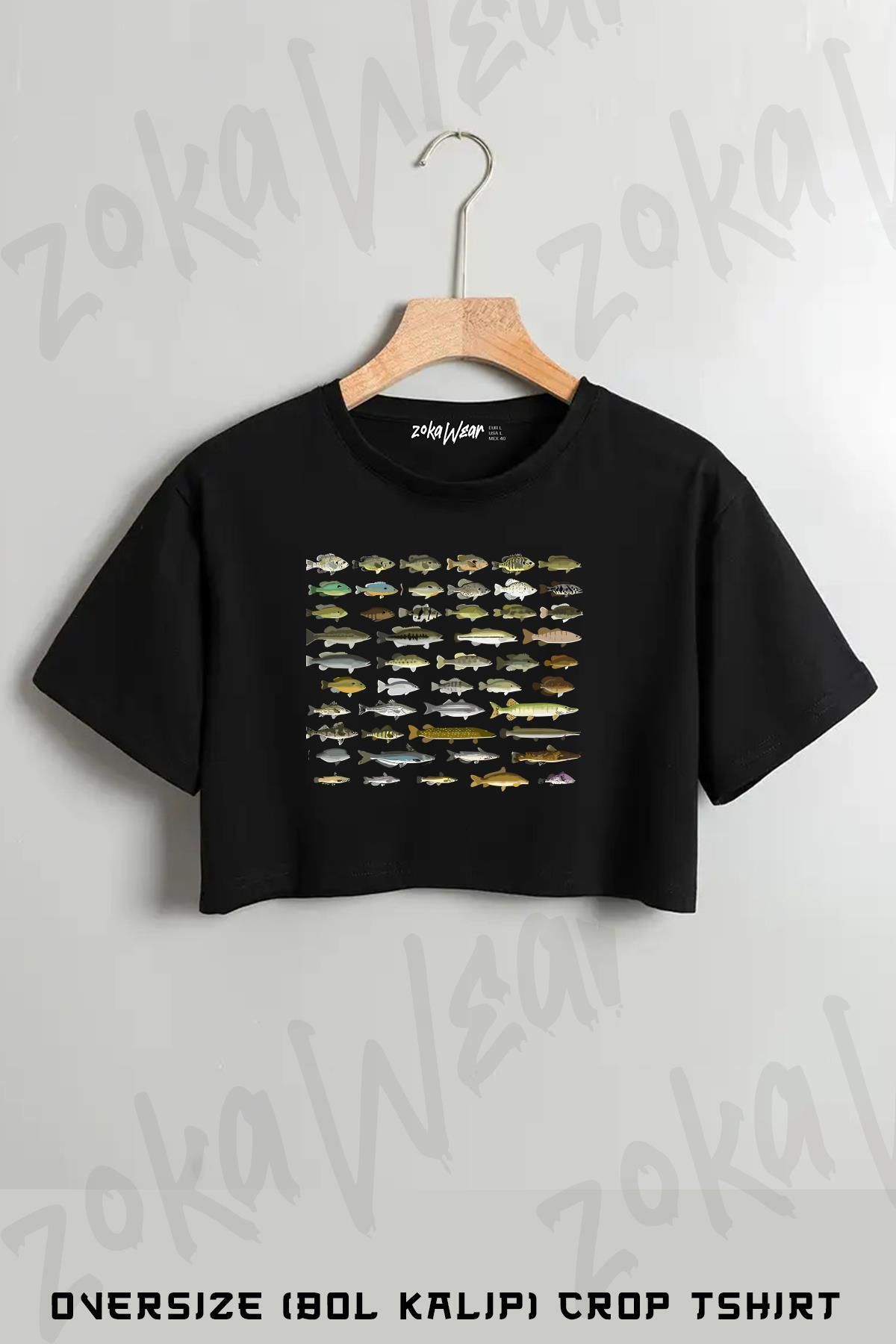 ZOKAWEAR North American Freshwater Fish Group Baskılı Oversize Crop T-Shirt