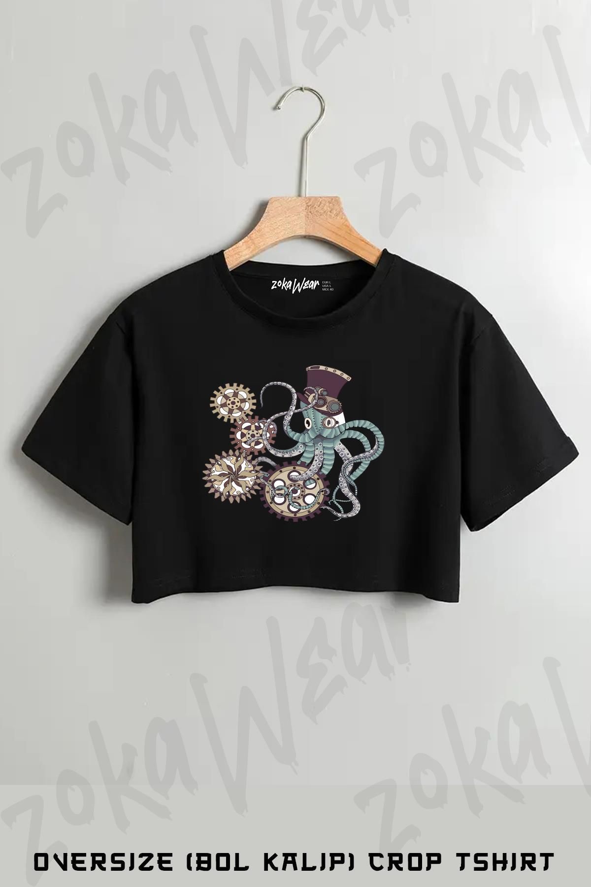 ZOKAWEAR Mr. Octopus Baskılı Oversize Crop T-Shirt