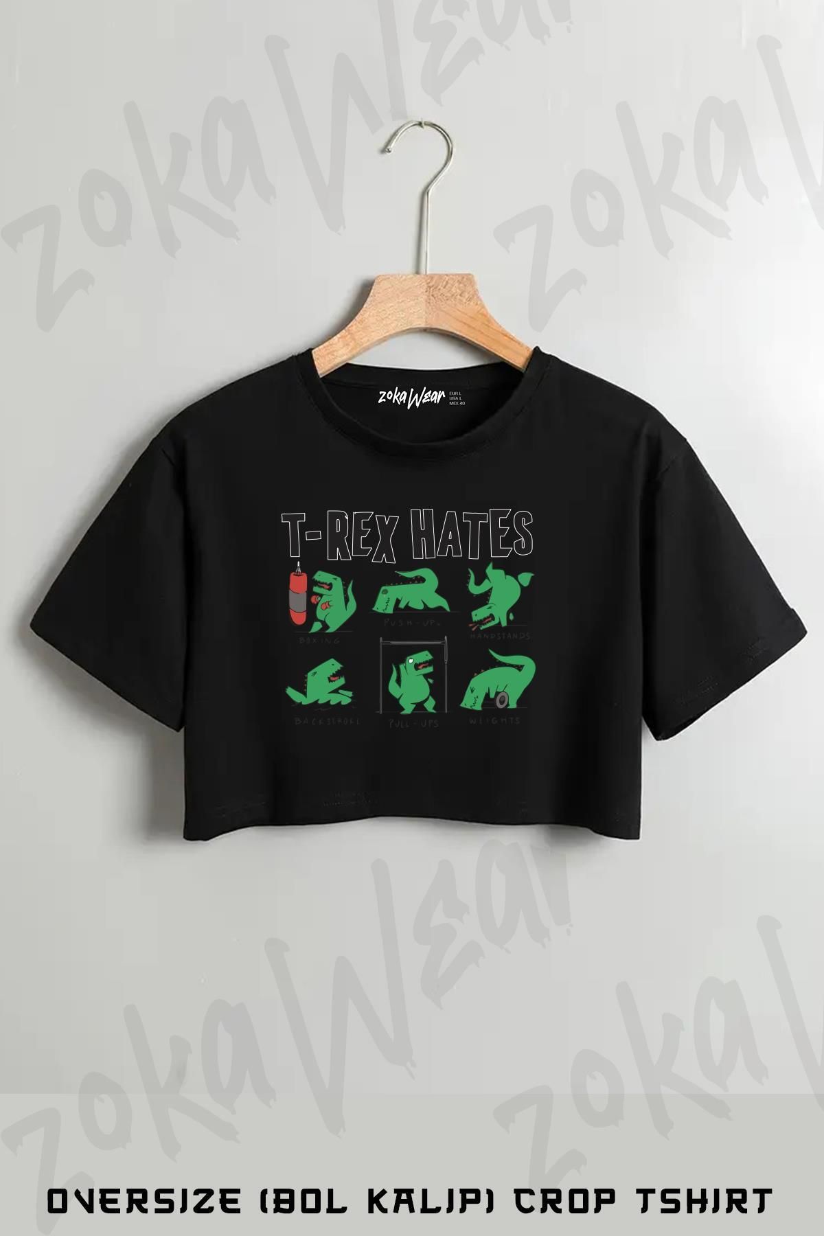 ZOKAWEAR Trex Sporcu Gym Fitness Baskılı Oversize Crop T-Shirt
