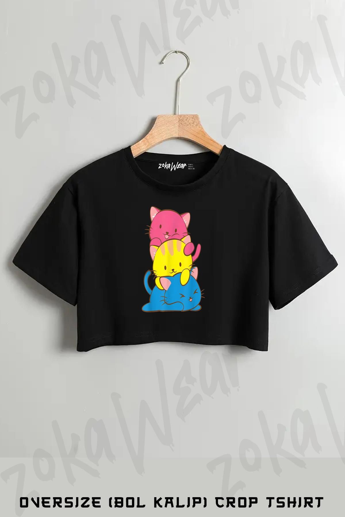 ZOKAWEAR Pansexual Kawaii Cat Baskılı Oversize Crop T-Shirt