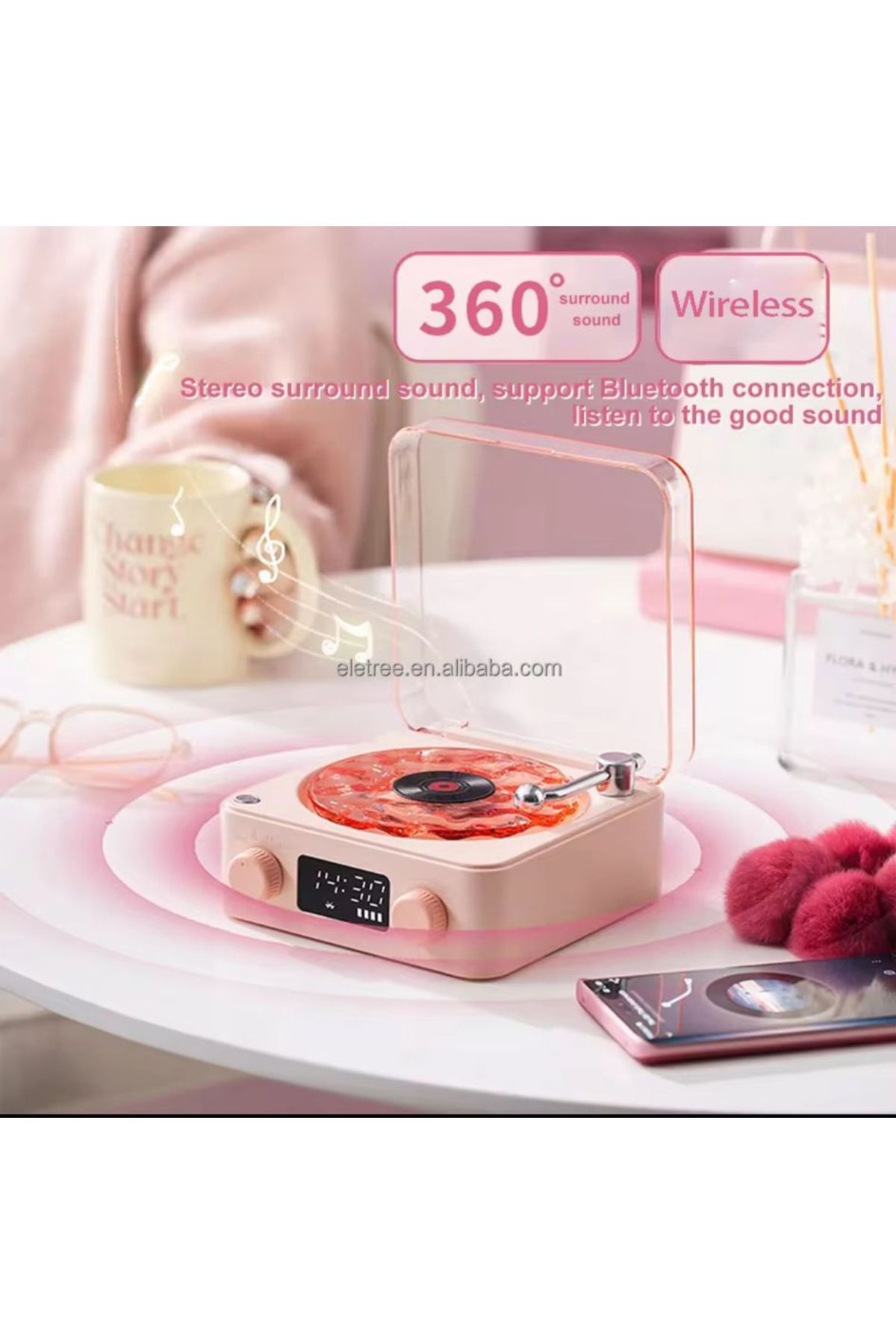 İMEXTECH Waves Nostalji Plak Görünümlü Bluetooth Hoparlör 3D Ses Dalgası Retro Müzik Plak Gece Lambası