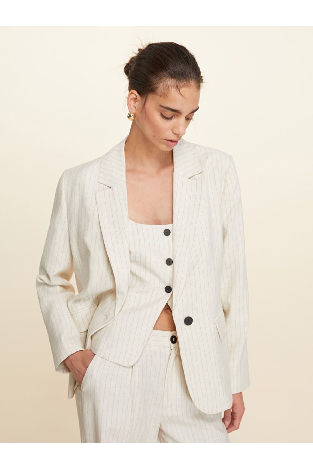 LC Waikiki LCW Vision Çizgili Keten Karışımlı Kadın Blazer Ceket