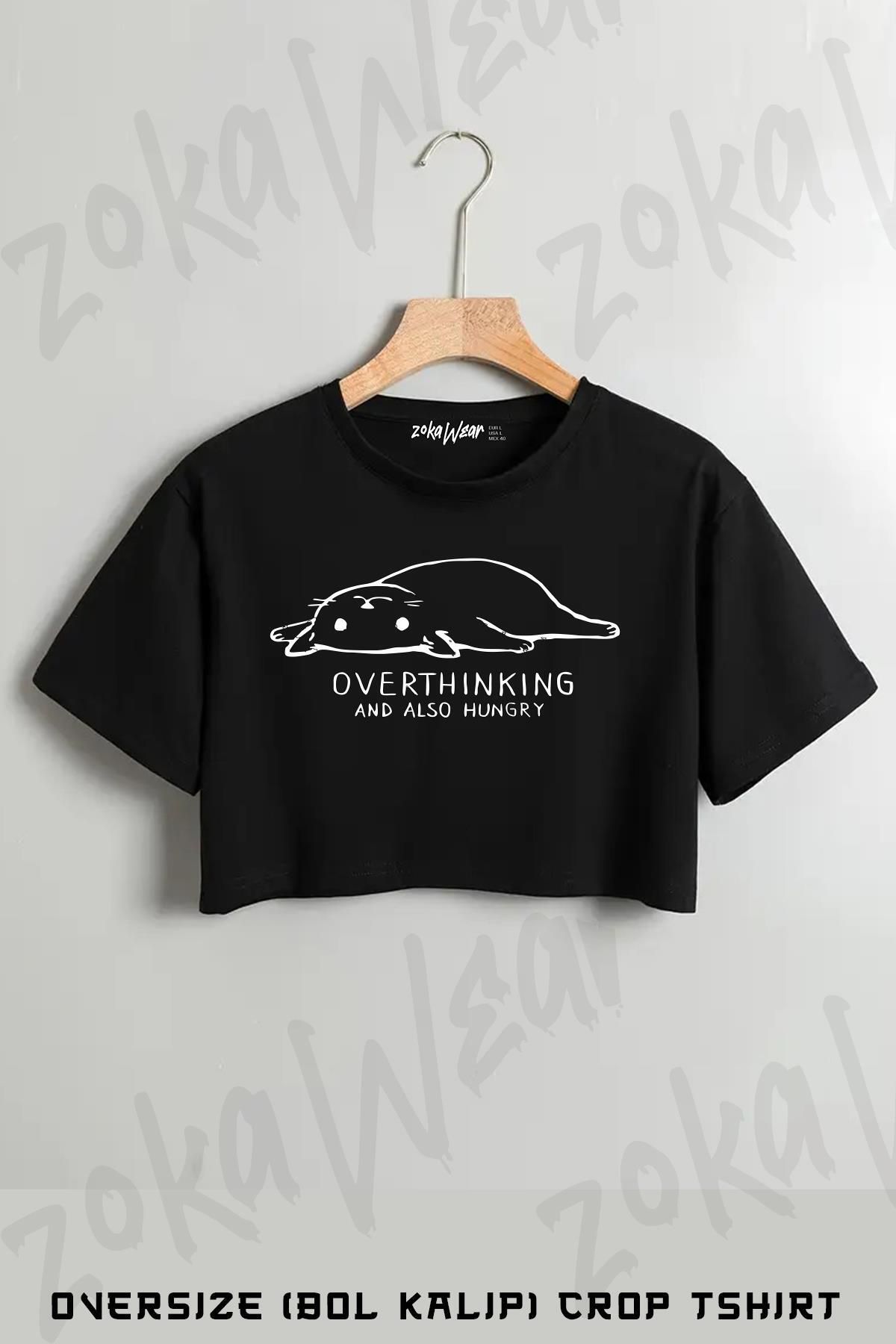 ZOKAWEAR Overthinking Cat Kedi Baskılı Oversize Crop T-Shirt