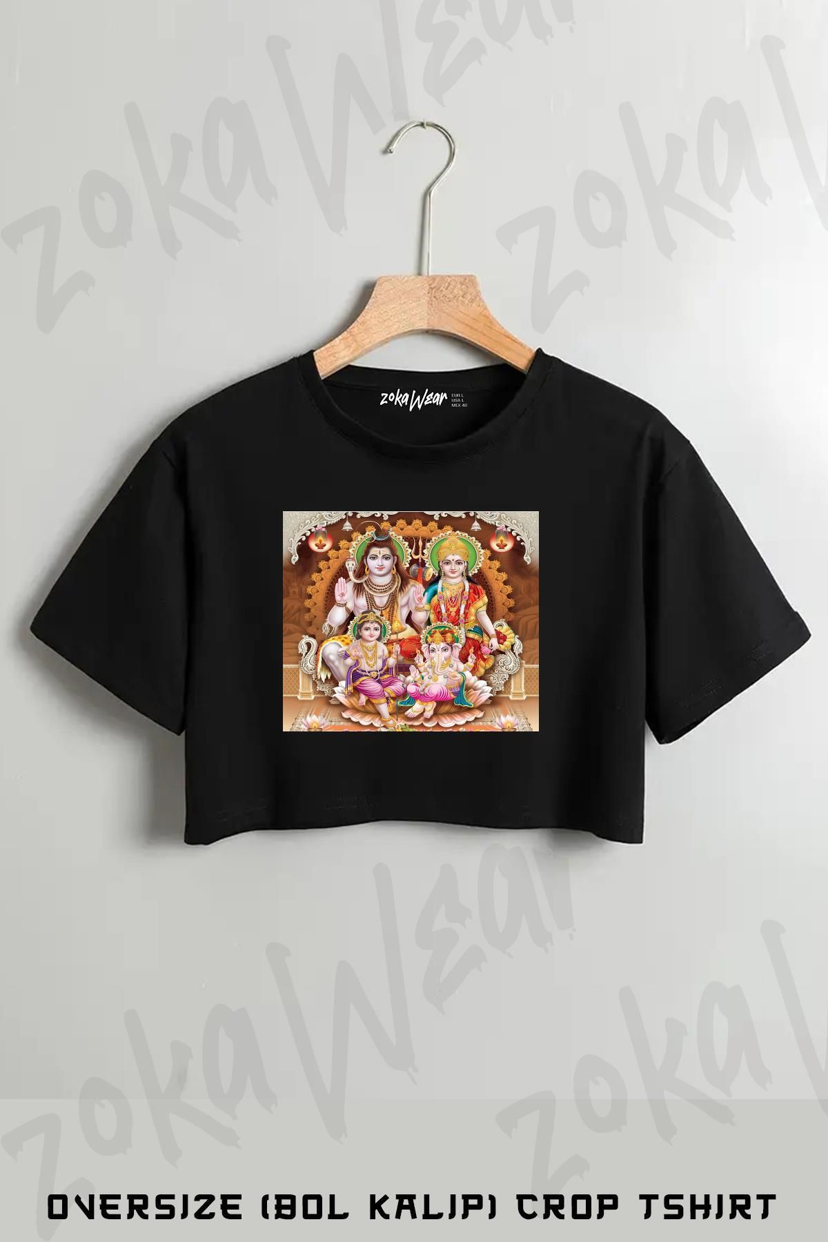ZOKAWEAR Lord Shiva Parvati Ganesh Krishna Baskılı Oversize Crop T-Shirt