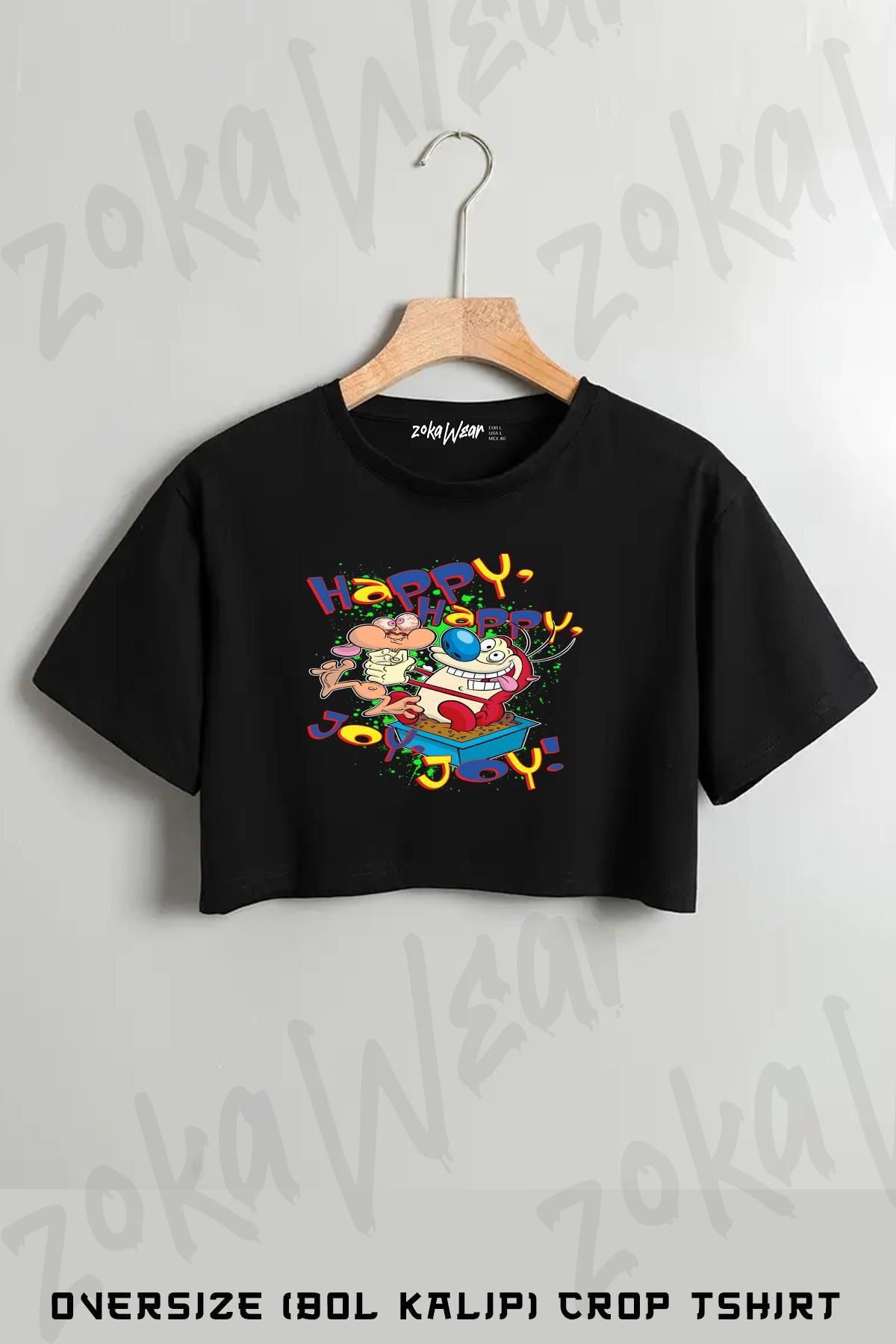 ZOKAWEAR Ren And Stimpy Happy Joy Kitty Baskılı Oversize Crop T-Shirt