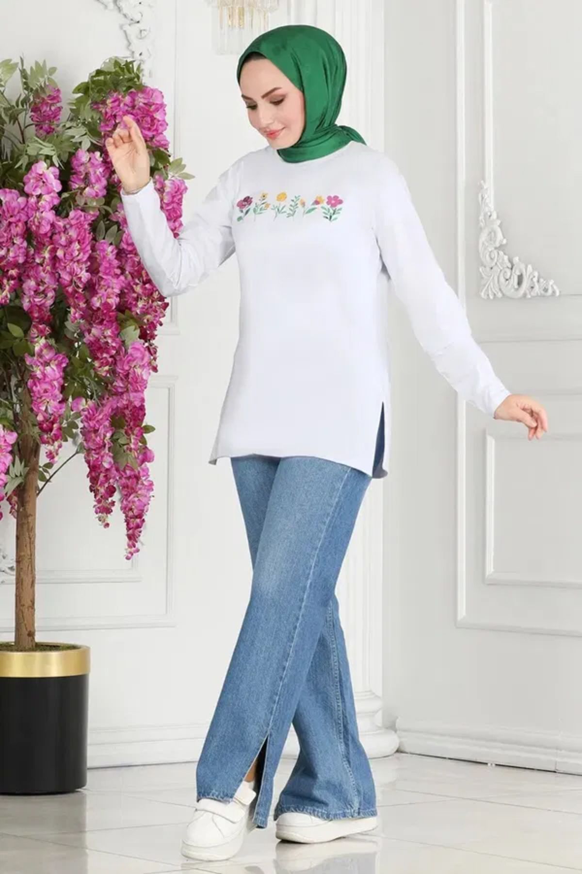 Butik Kadın Bisiklet Yaka Çiçek Baskılı Tunik