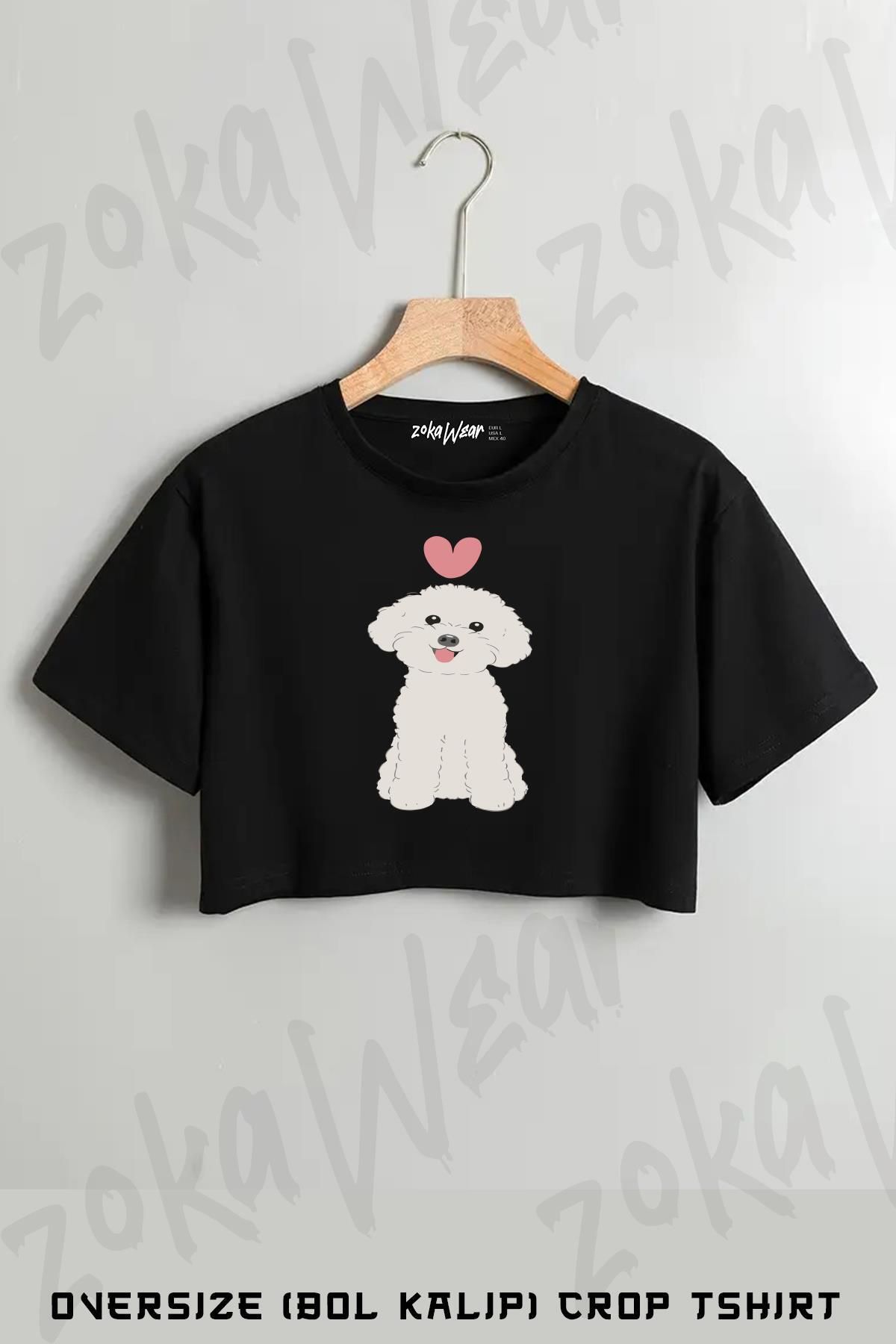 ZOKAWEAR LOVE White Toy Poodle Baskılı Oversize Crop T-Shirt
