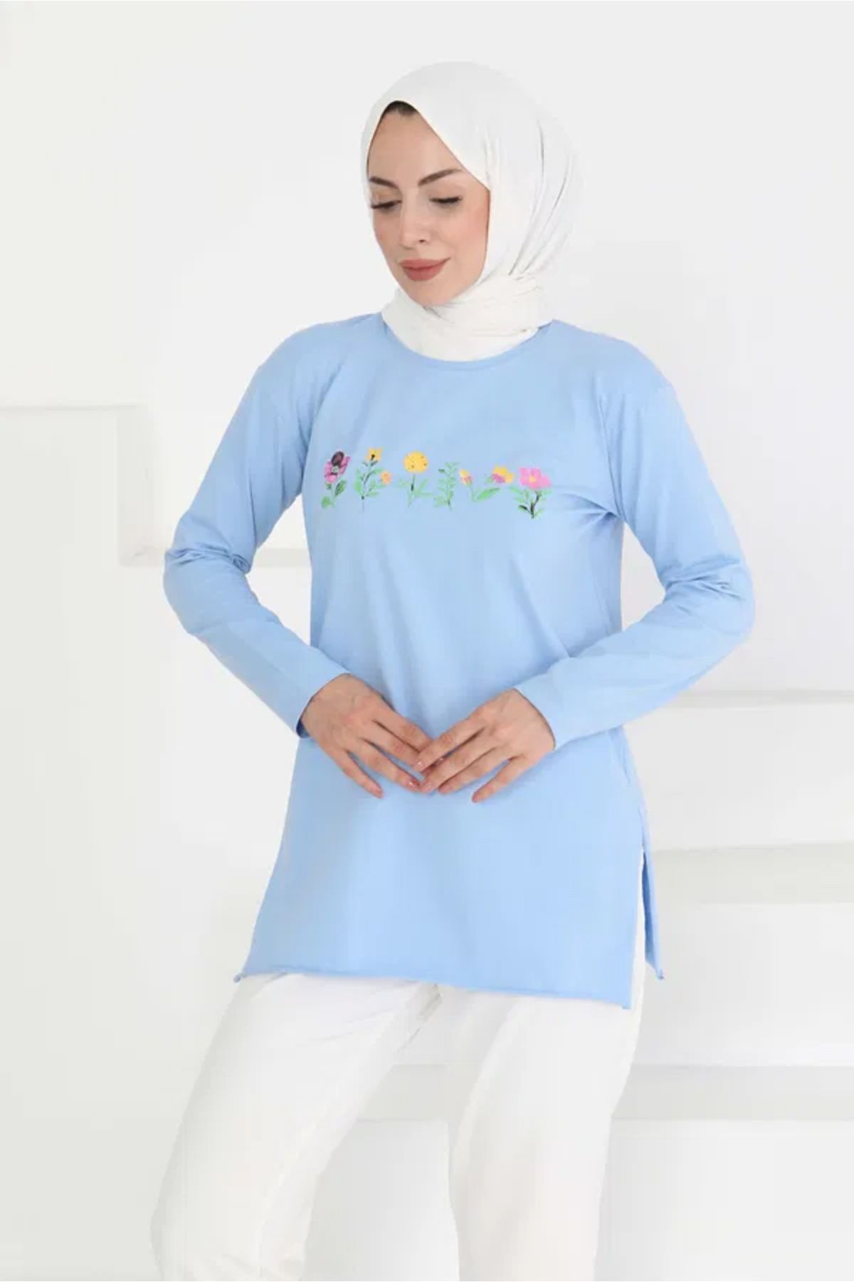 Butik Kadın Bisiklet Yaka Çiçek Baskılı Tunik