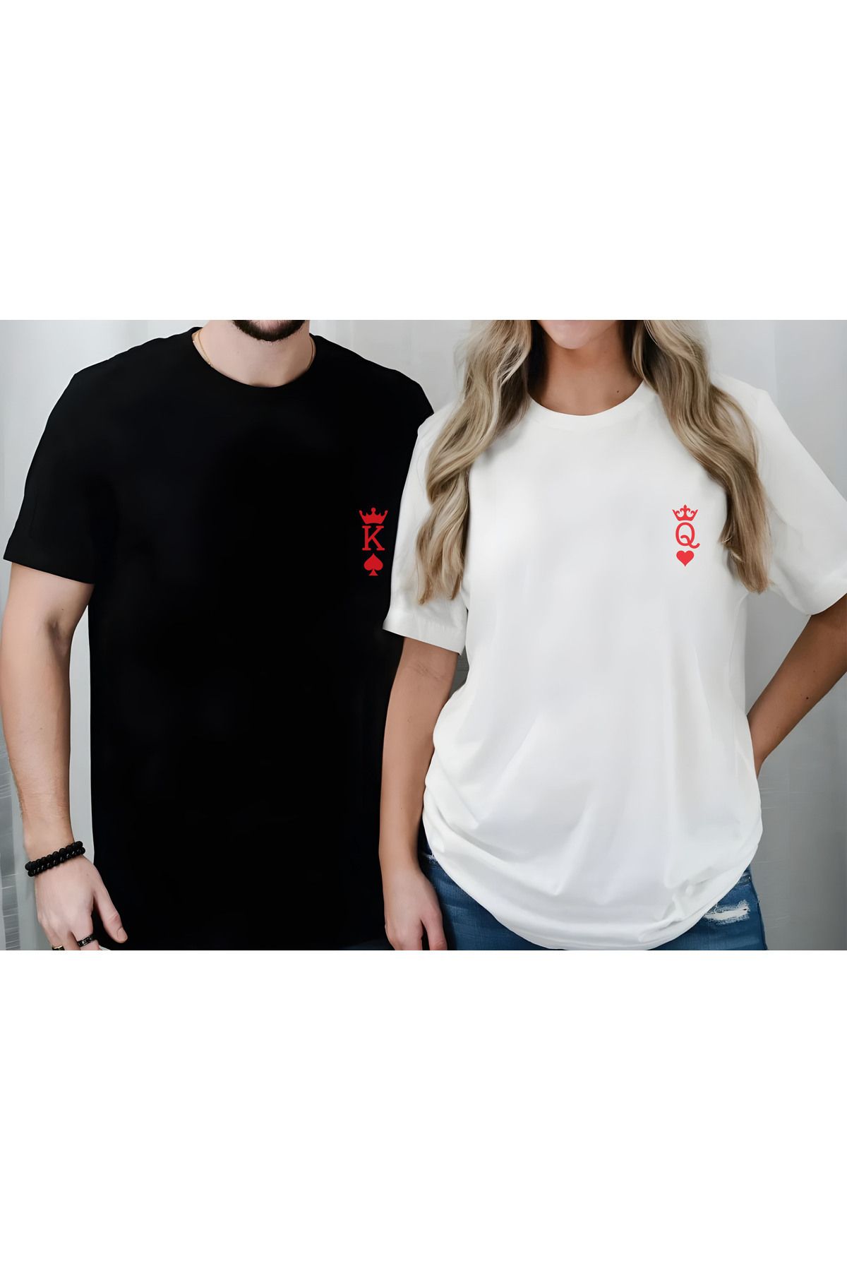 sielta İskambil Kağıdı Kupa Kızı Sinek Valesi Baskılı 2'li Sevgili Çift Kombini Tişört T-shirt