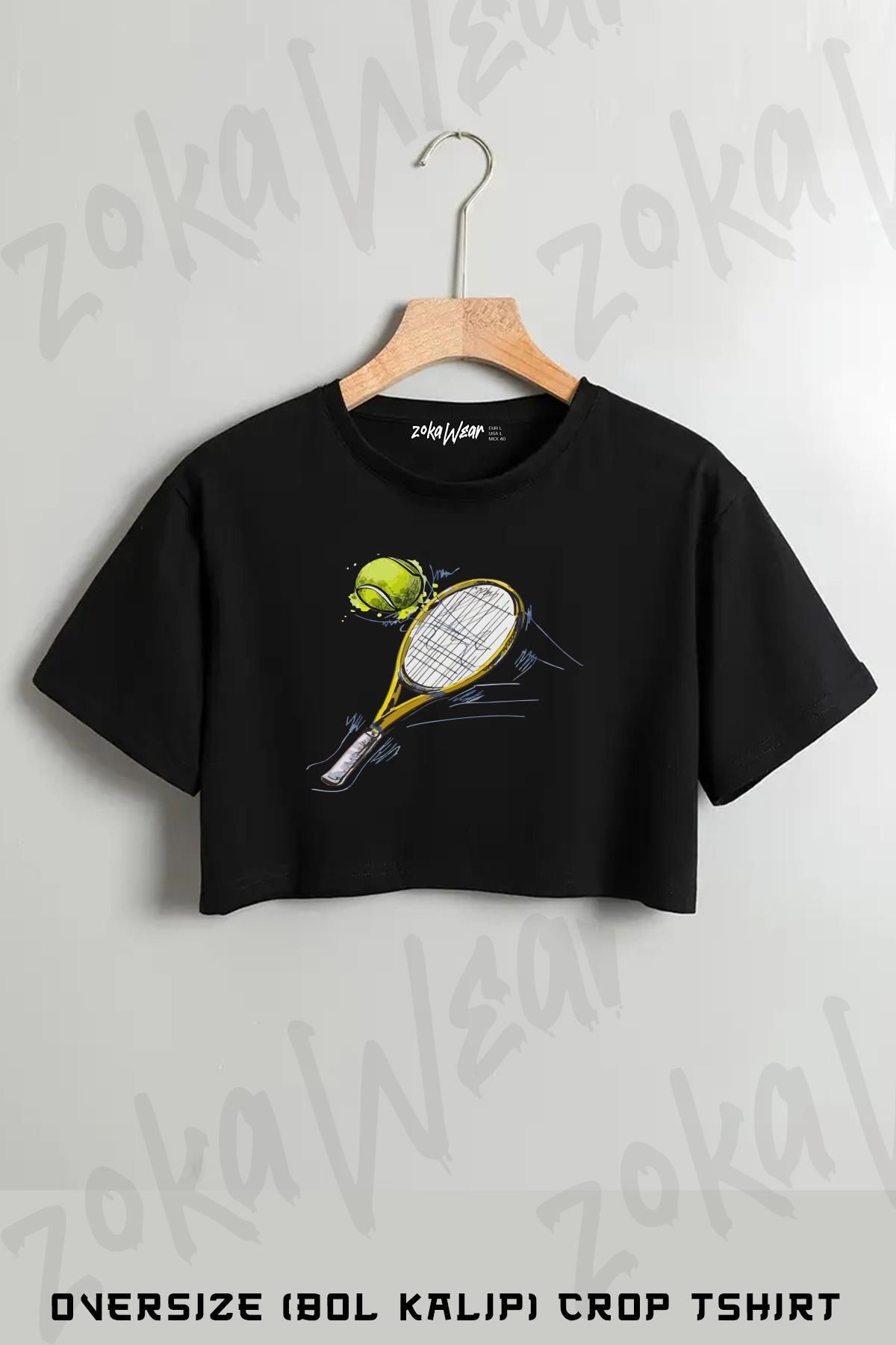 ZOKAWEAR Tenis Serisi 2 Raket V Baskılı Oversize Crop T-Shirt