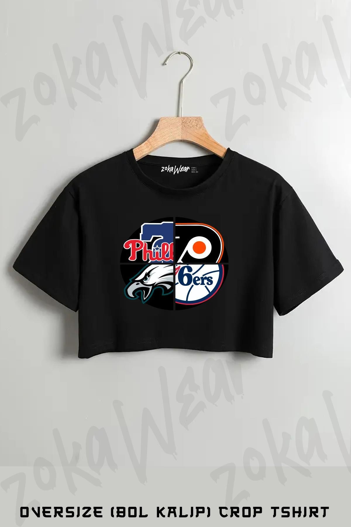 ZOKAWEAR Philadelphia Sports Quad Baskılı Oversize Crop T-Shirt