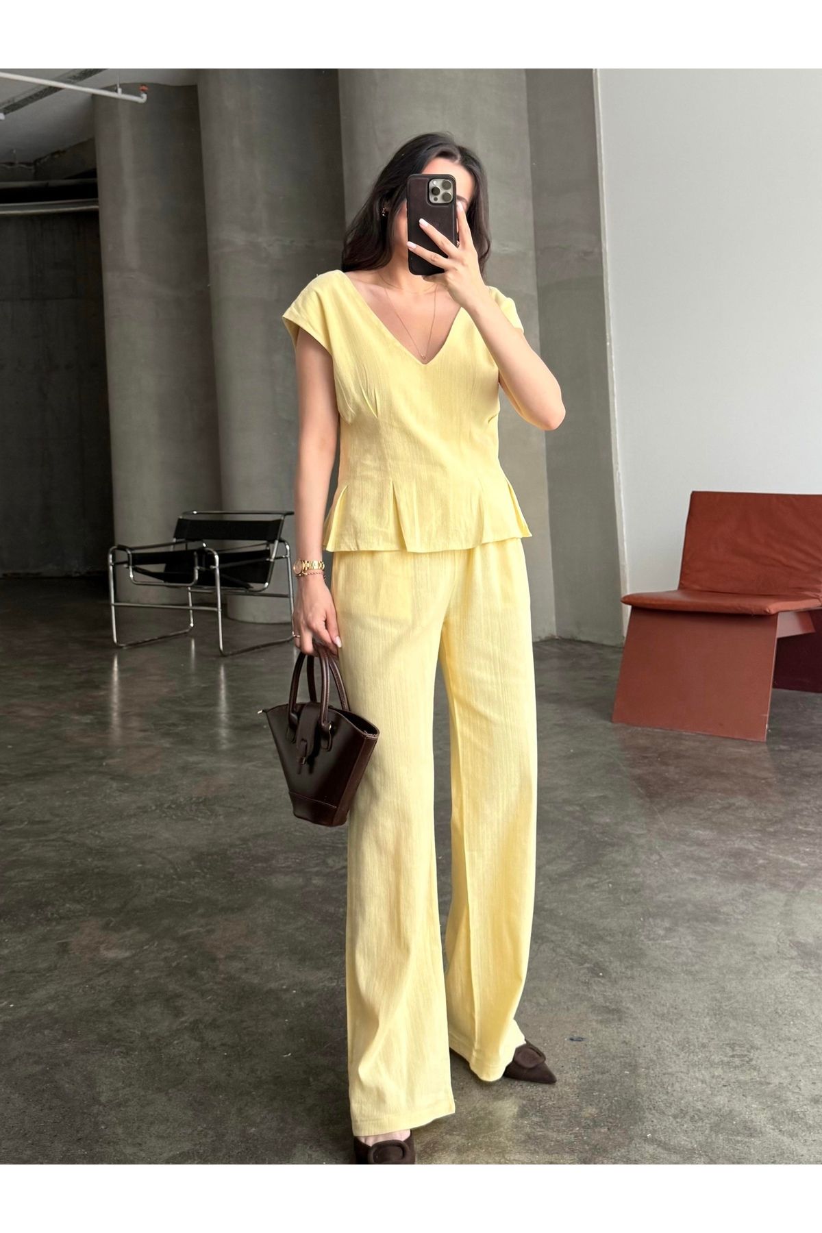 youlike butik V Yaka Keten Belden Pensli Bluz Pantolon Takım Sarı