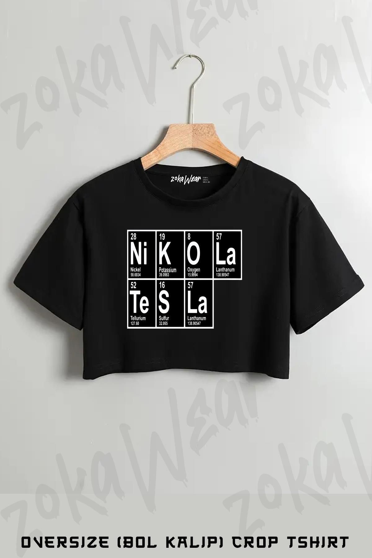 ZOKAWEAR Periodic Table Scientist Nikola Tesla Baskılı Oversize Crop T-Shirt