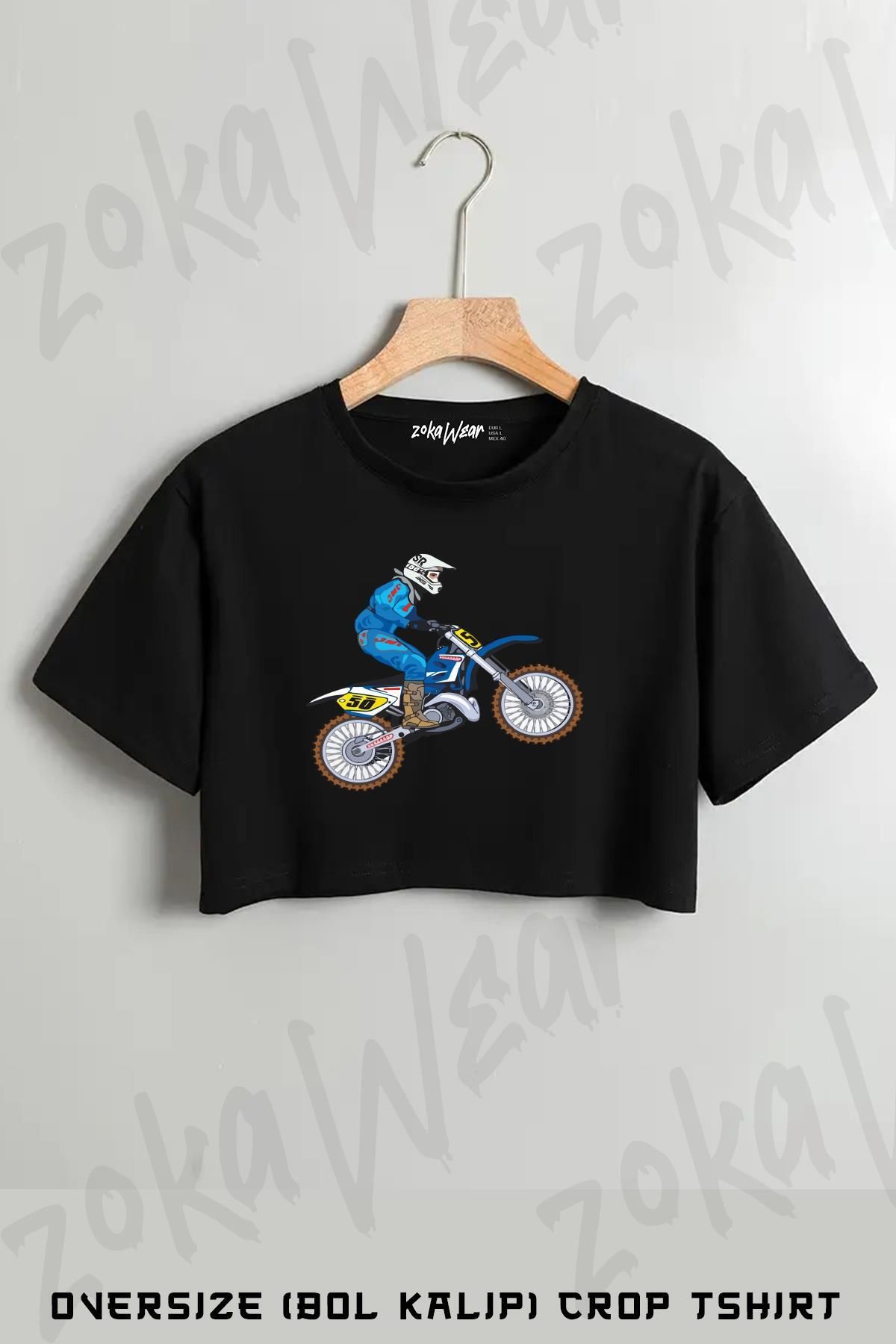 ZOKAWEAR Motorcu Baskılı Oversize Crop T-Shirt