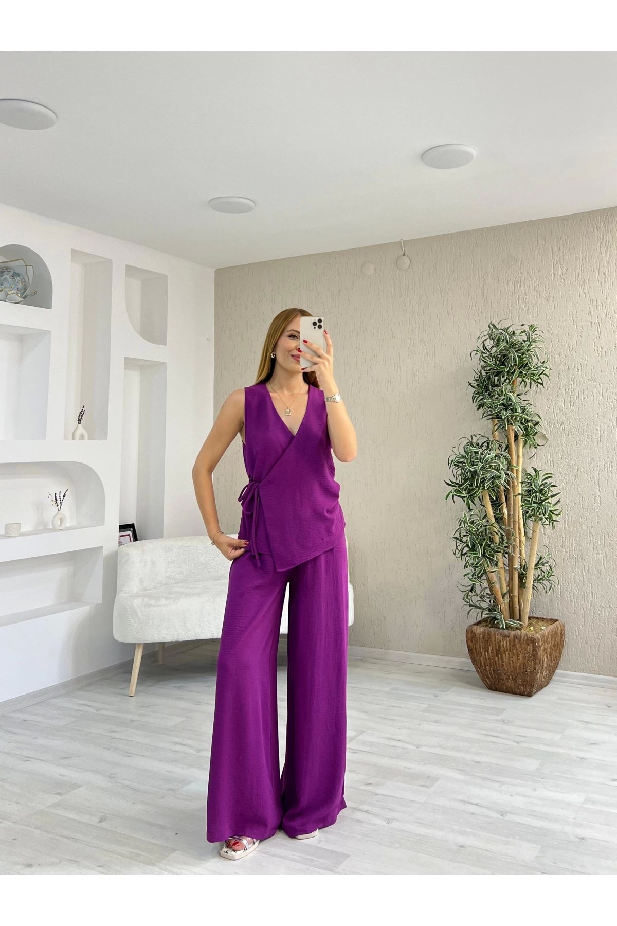 İrka Moda Ayrobin Kruvaze Bağlamalı Takım Mürdüm