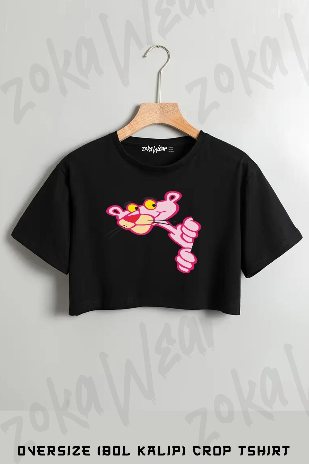 ZOKAWEAR Meraklı Pembe Panter Baskılı Oversize Crop T-Shirt