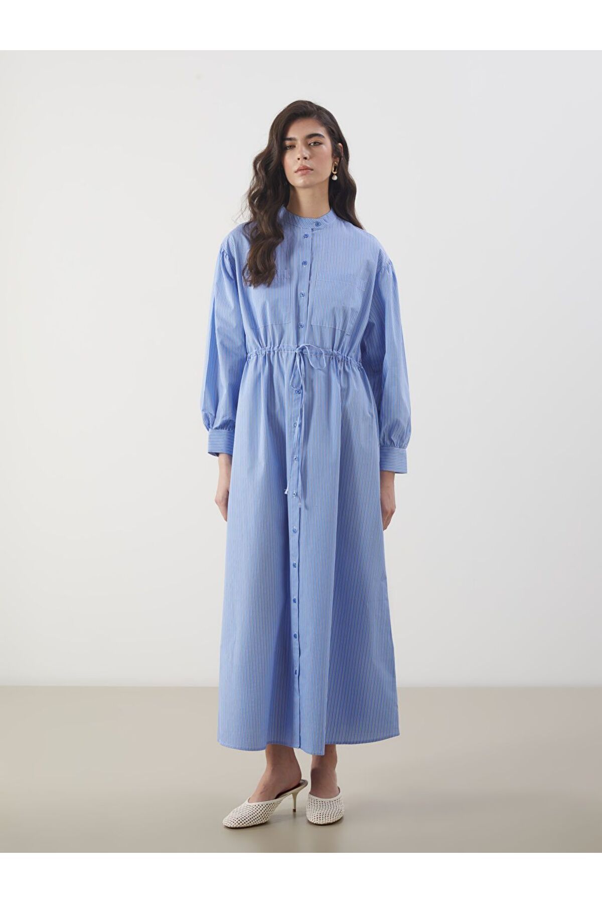 LC Waikiki LCW Modest Hakim Yaka Çizgili Poplin Gömlek Elbise