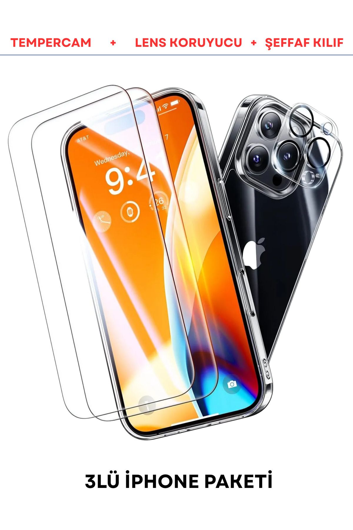 Glazef Iphone 12 Pro 3'lü Set Şeffaf Kılıf,Kolay Takılır Ekran Koruyucu ve Lens Koruyucu