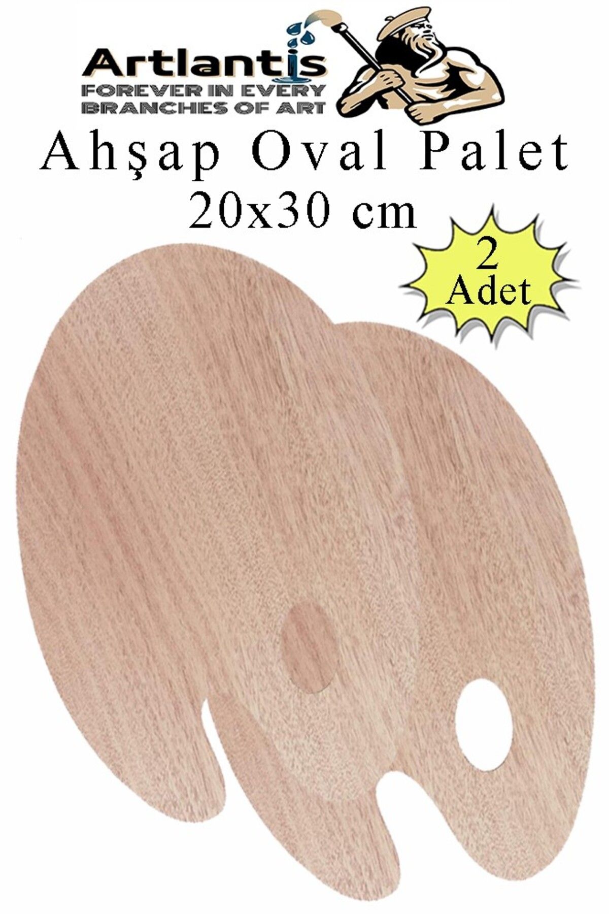 Artlantis Ahşap Oval Palet Naturel 20x30 cm 2 Adet Orta Boy Ahşap Boya Paleti Resim Boyama Tepsisi Akrilik Gua