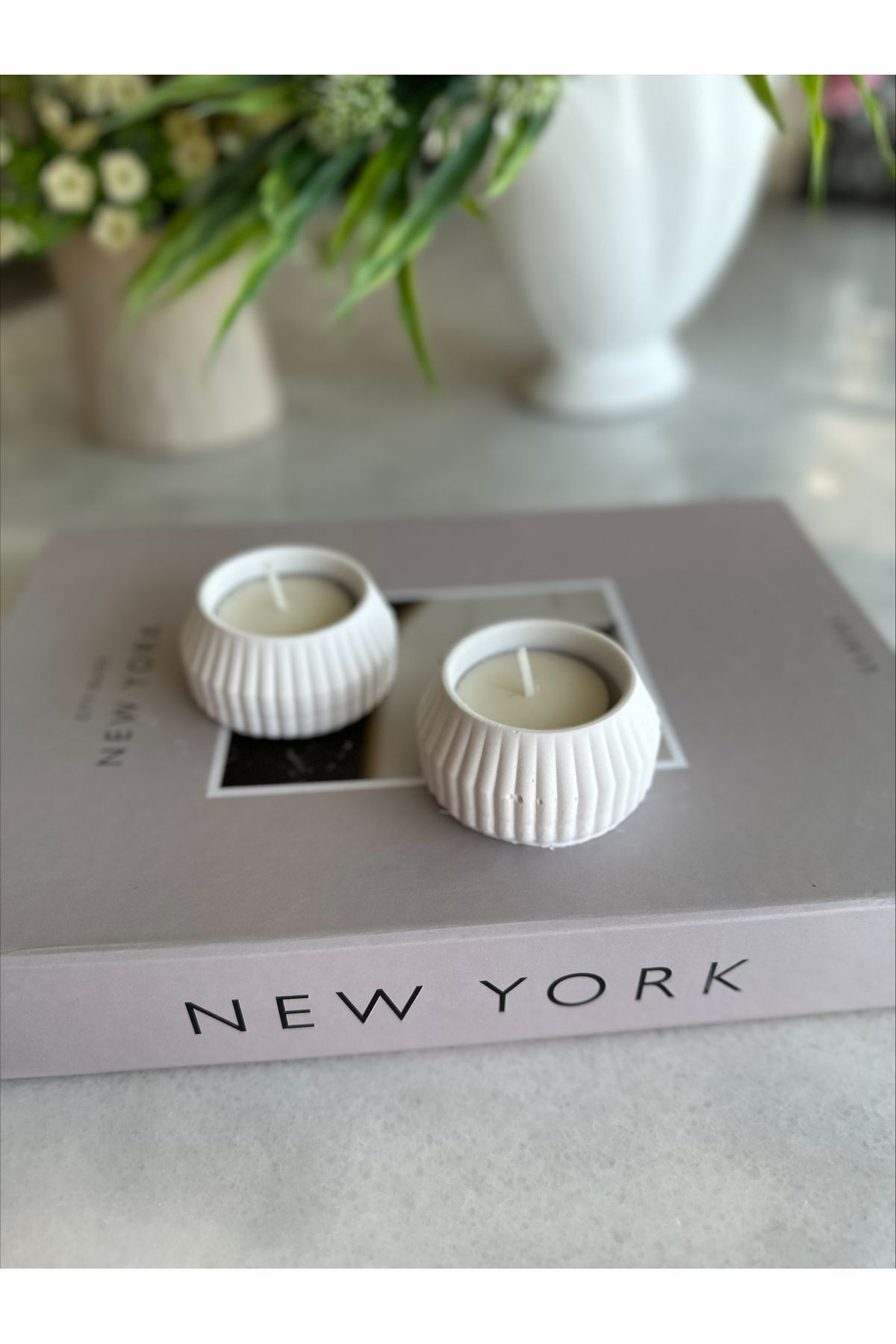 SerenityHaven 2 Li Tealight Çizgili Beton Mumluk (MUMLAR DAHİL DEĞİLDİR)