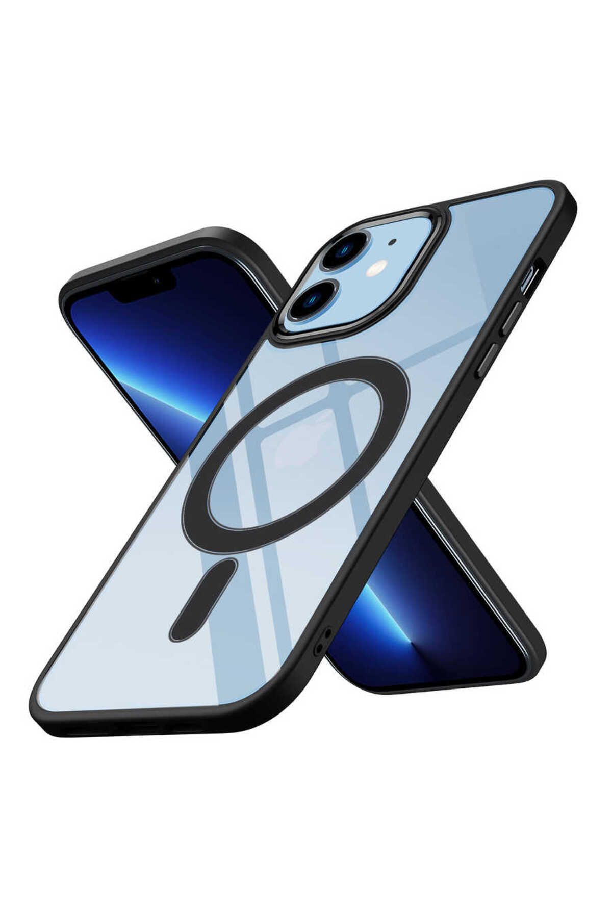 YTSGLOBAL iPhone 12 Uyumlu Wireless Şarj Özellikli YTSG Krom Magsafe Silikon Kılıf-Siyah