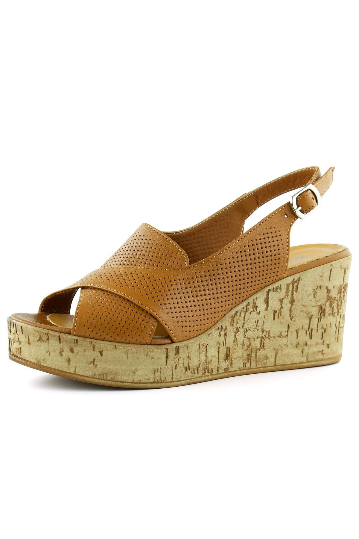 Erkan Saçmacı Serie Taba Hakiki Dana Derisi Delik Detaylı Mantar Taban Görünümlü Dolgu Topuklu Slingback Sandalet