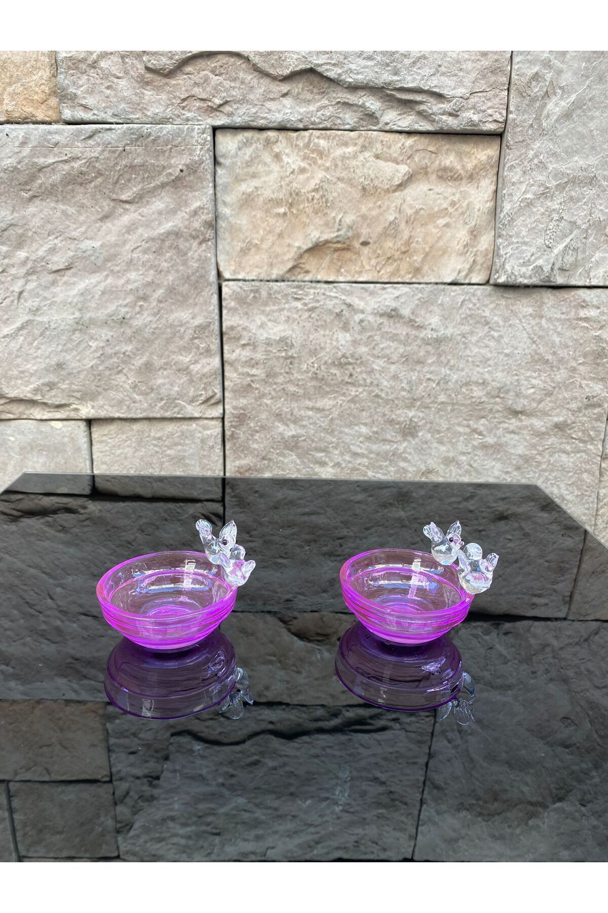 SerenityHaven Dekoratif Kristal Cam Renkli Kuşlu İkili Sunumluk Lila