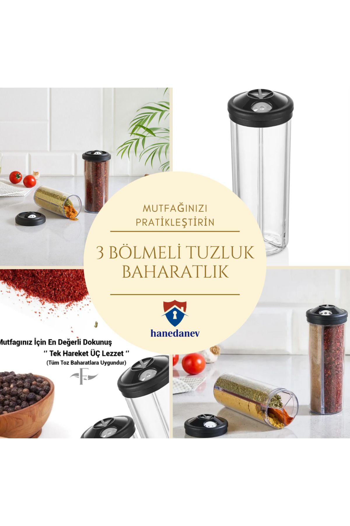 Hanedanev 3 Bölmeli Tuzluk Ve Baharatlık Tek Hareket Üç Lezzet Pratik Ve Hızlı Kullanım 3 ü 1 Arada Kullanım