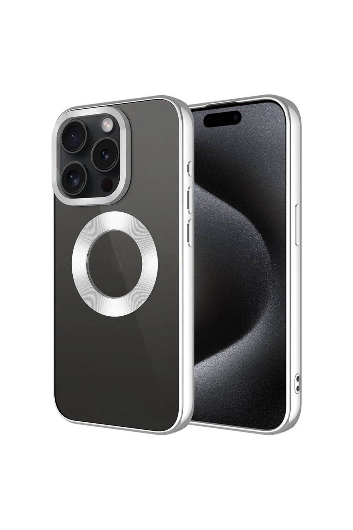 YTSGLOBAL iPhone 15 Pro Max Uyumlu Tek Kamera Çerçeveli Logo Gösteren YTSG Omega Kılıf-Gümüş