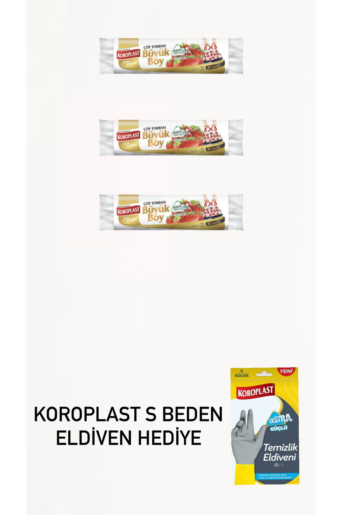 Koroplast 3 adet Büyük boy çilek kokulu büzgülü çöp poşeti s beden eldiven hediyeli
