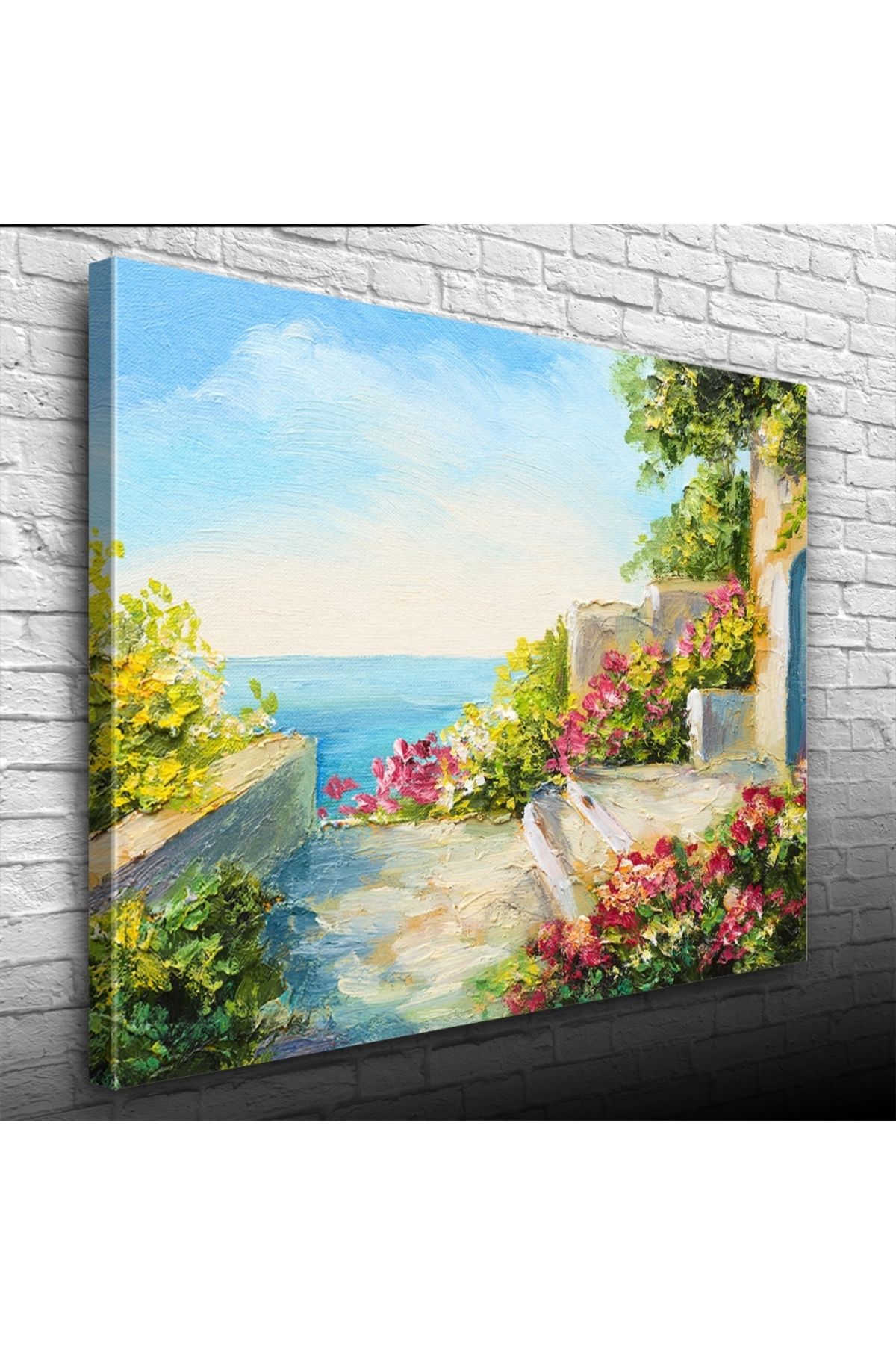 Kanonik Education Çiçekli Taş Teras ve Deniz Manzarası Yağlıboya Kanvas Tablo 50 x 70