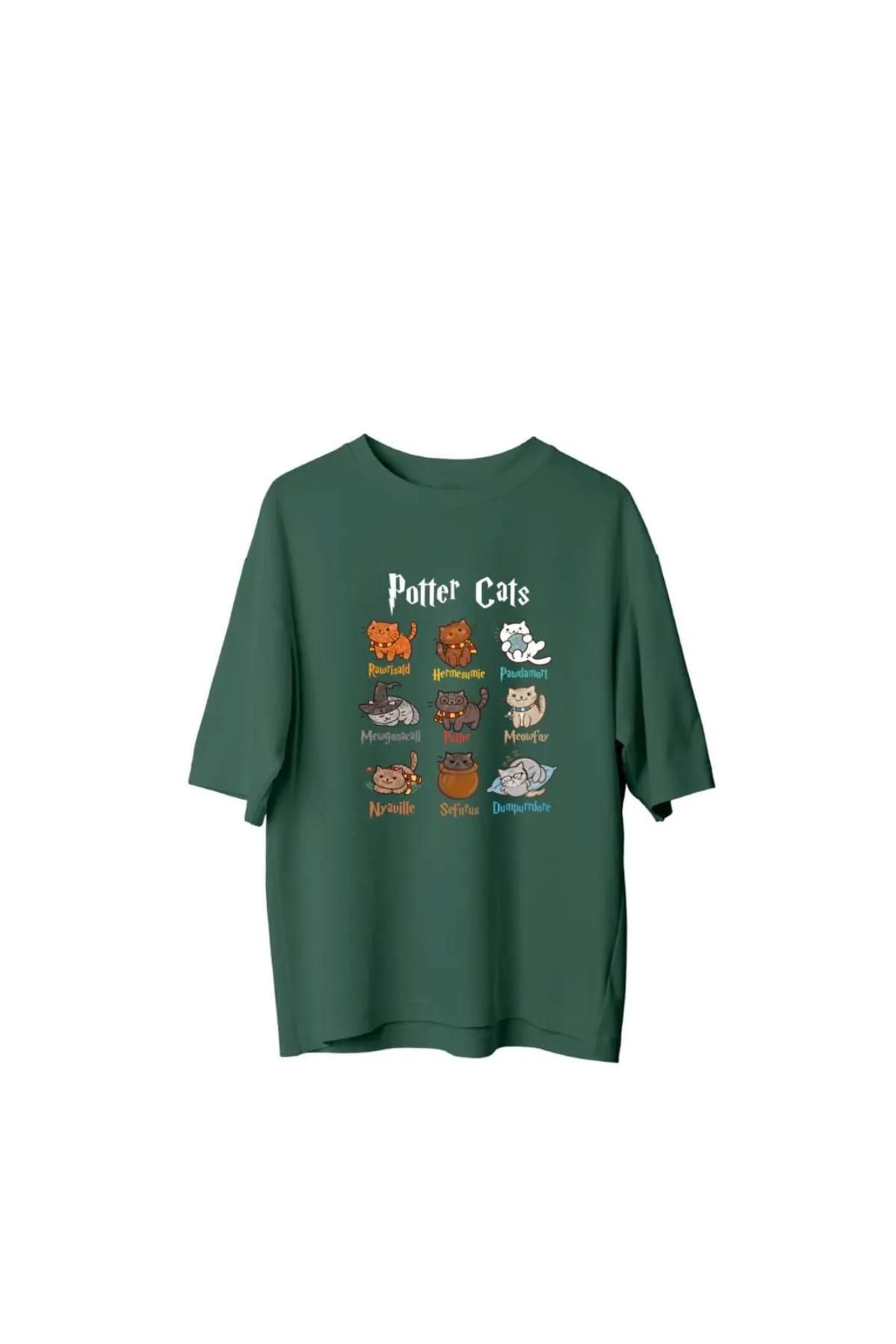 Koklonmoda Büyük Beden Unisex Potter Cats Baskılı Oversize T-Shirt