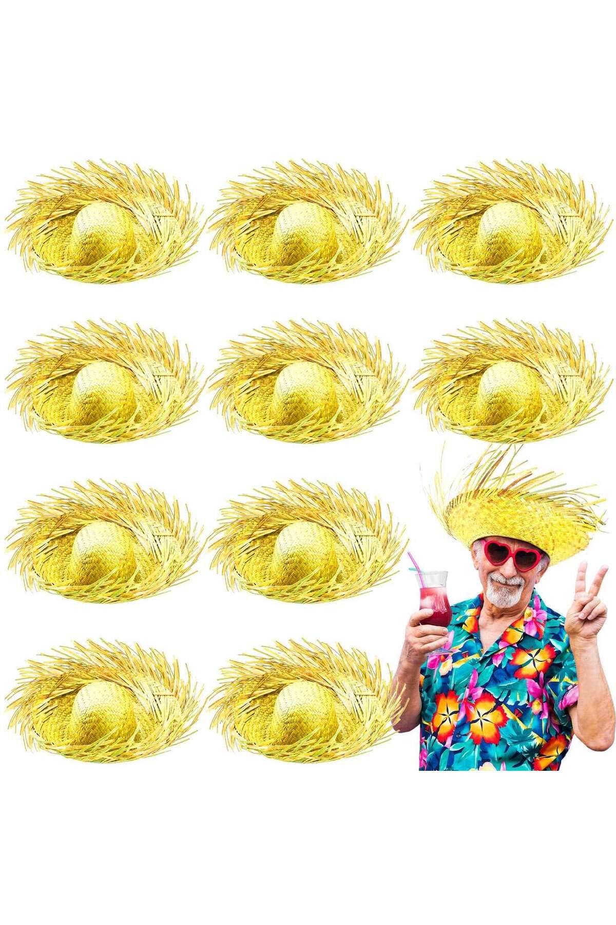 D&M Life Collection Tropikal Parti Sarı Hasır Hawaii Şapkası