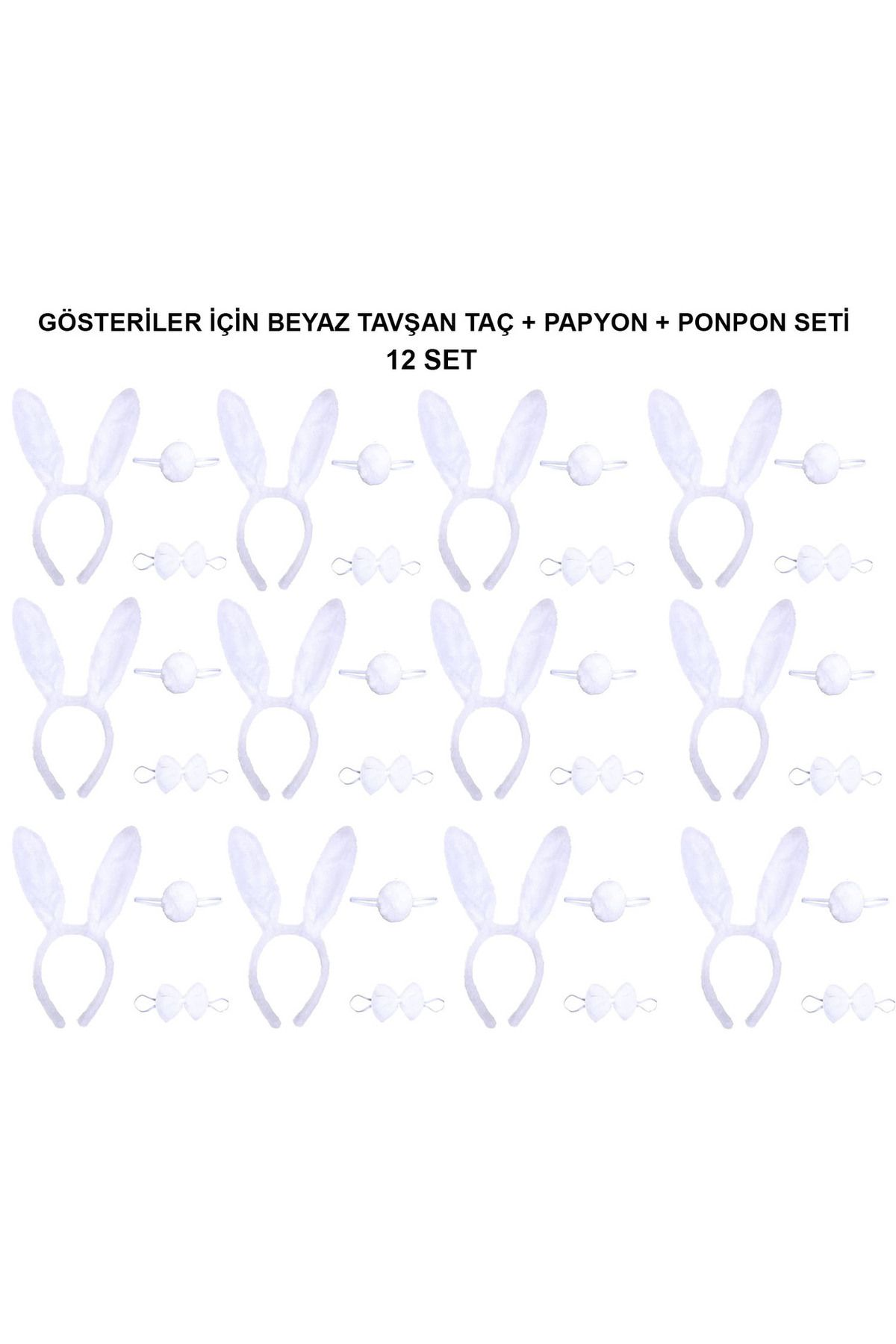 D&M Life Collection Beyaz Tavşan Kostüm Seti – Taç, Papyon, Kuyruk (12’li Paket)