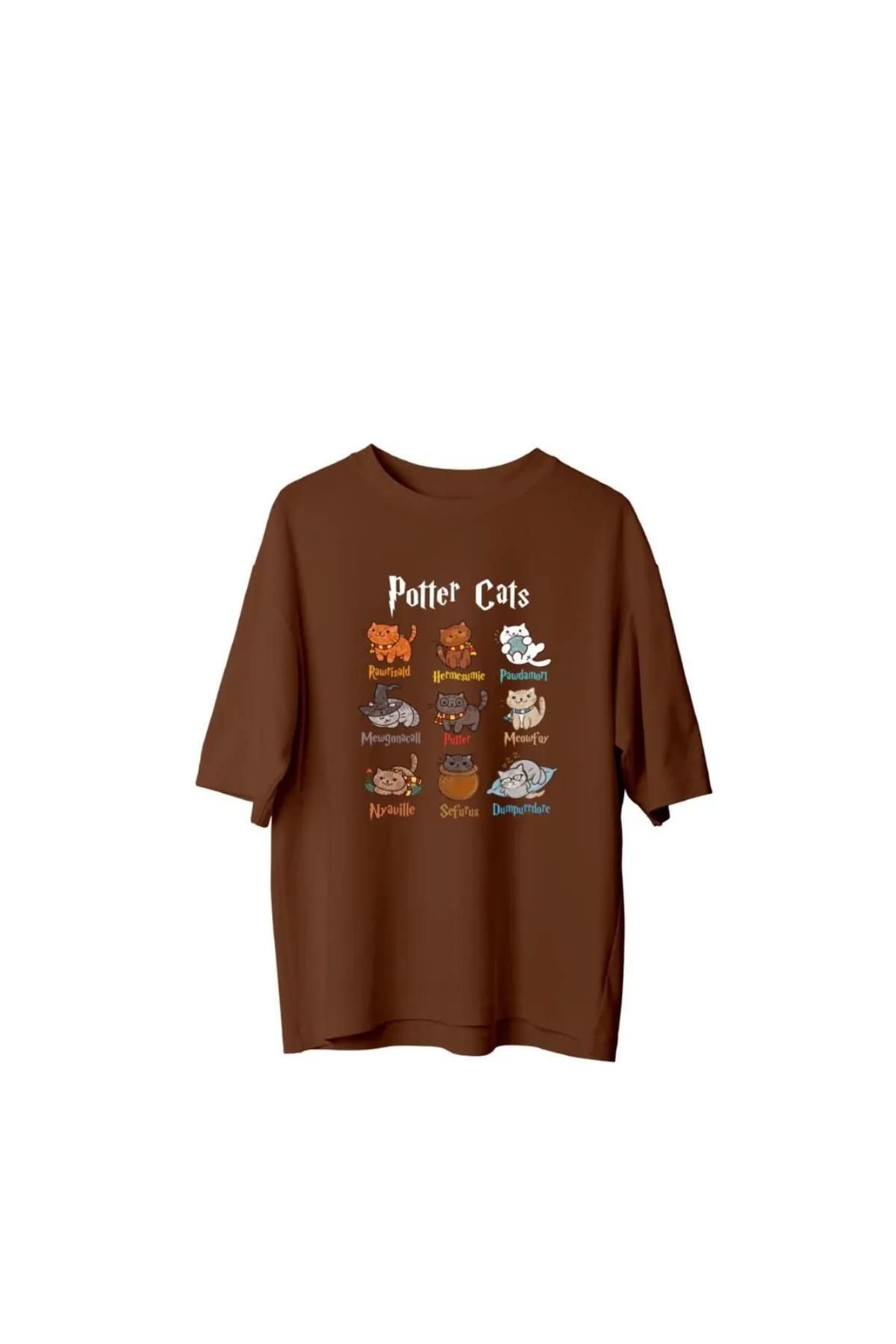 Koklonmoda Unisex Potter Cats Baskılı Oversize T-Shirt