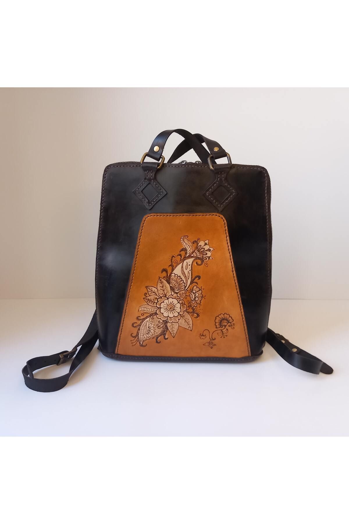 SOFT A Leather El Yapımı Çiçek Desenli Kahverengi-Bej Hakiki Deri Kadın Sırt ve Omuz Çantası