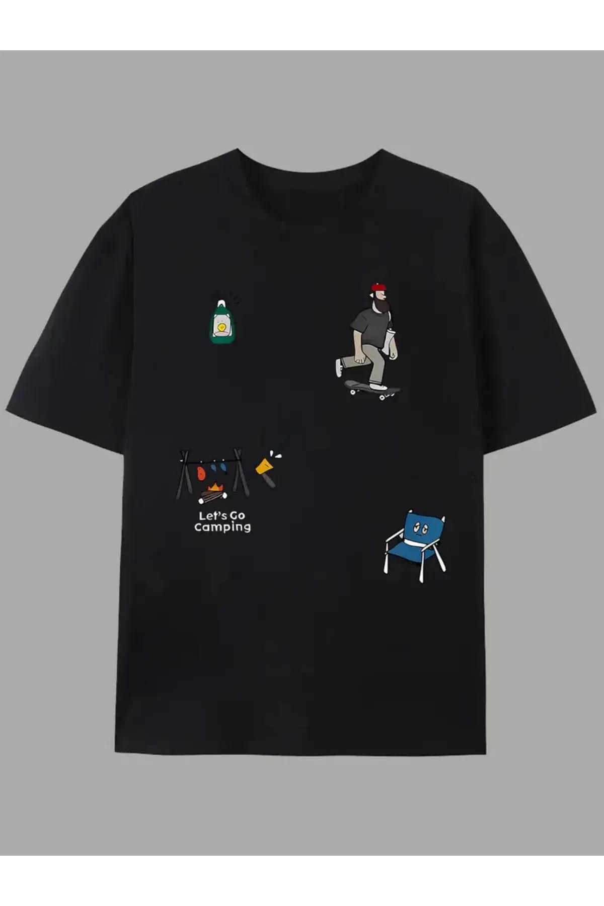 Koklonmoda Büyük Beden Unisex Camping Baskılı Oversize T-Shirt