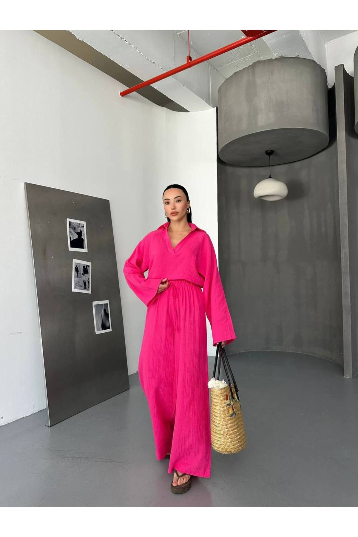 Hotfashion Polo Yaka İspanyol Kol Bluz Bağcıklı Pantolon Takım