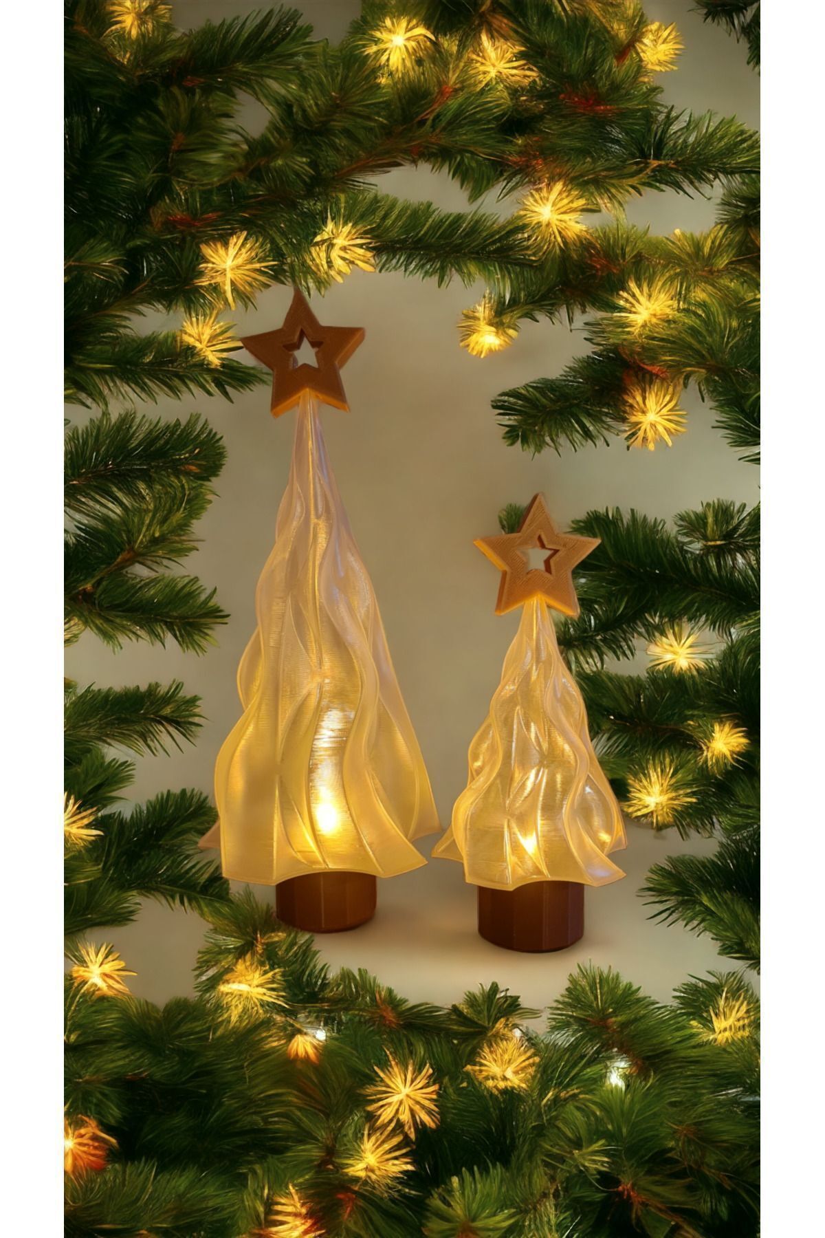 SerenityHaven Alev Efektli Titreyen Led Mum Işıklı Yılbaşı Noel Çam Ağacı Dekoratif Biblo 17cm & 25cm 2li Set