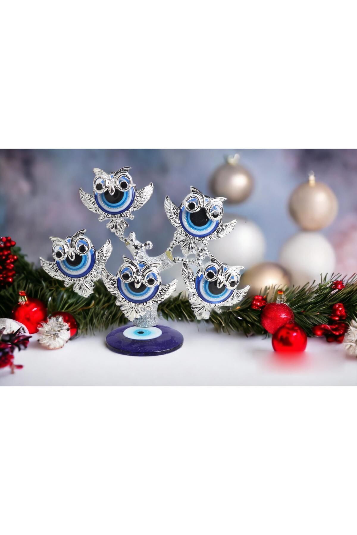 SerenityHaven Feng Shui Nazar Boncuğu Çiçeği Hayat Ağacı Biblo Servet Çakra Şans Ağacı Mavi Göz Baykuş 15 cm.