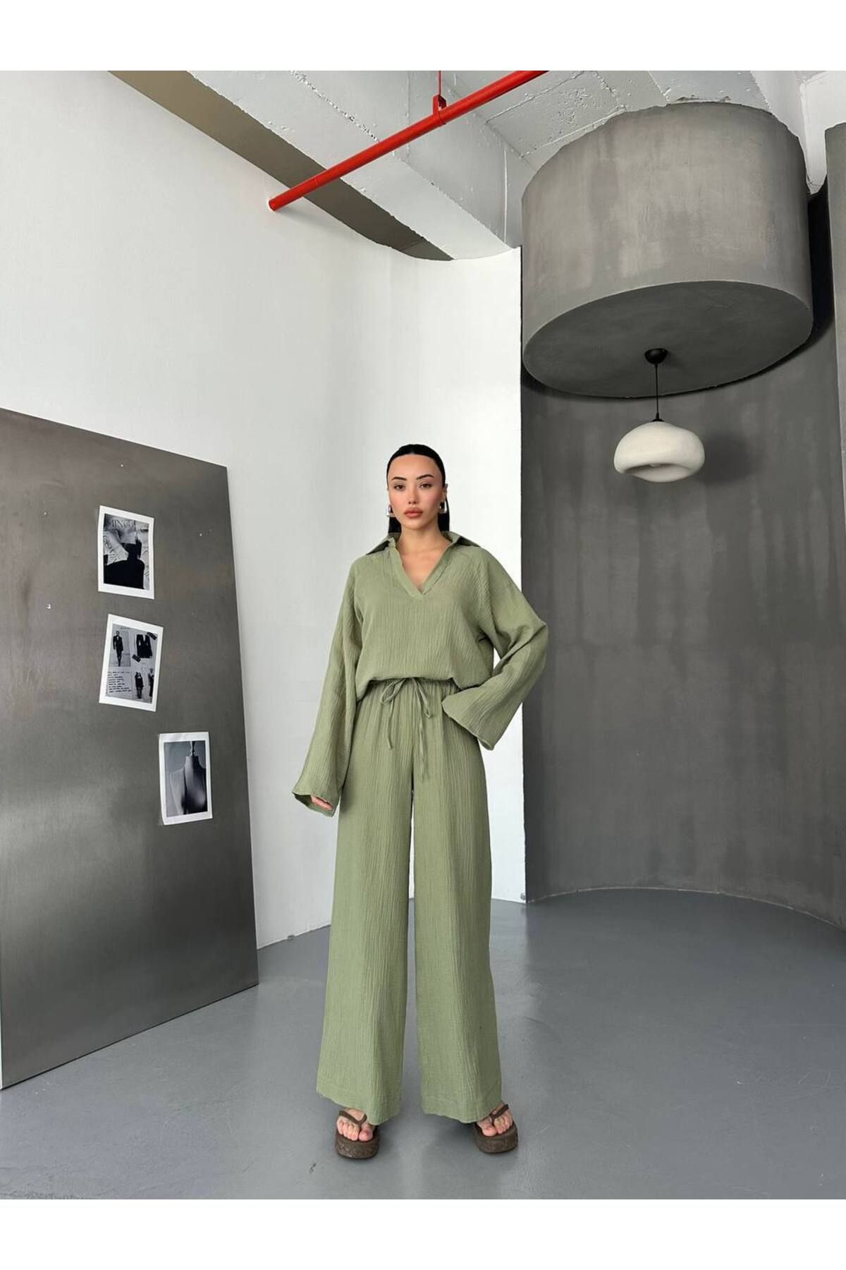 Hotfashion Polo Yaka İspanyol Kol Bluz Bağcıklı Pantolon Takım
