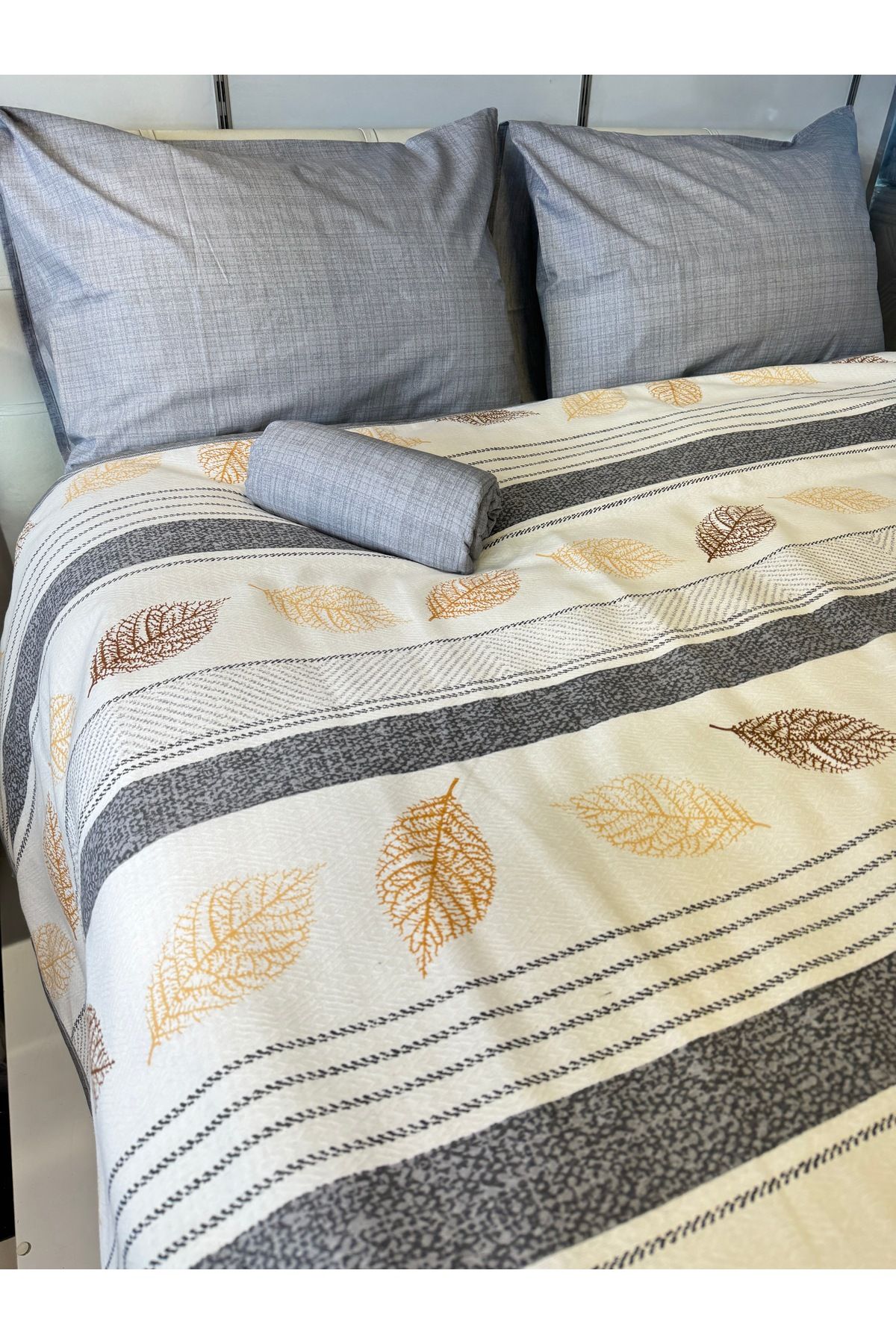 ŞENER HOME-Leaf Patterned Sheet Elastic Single Pique Set 2