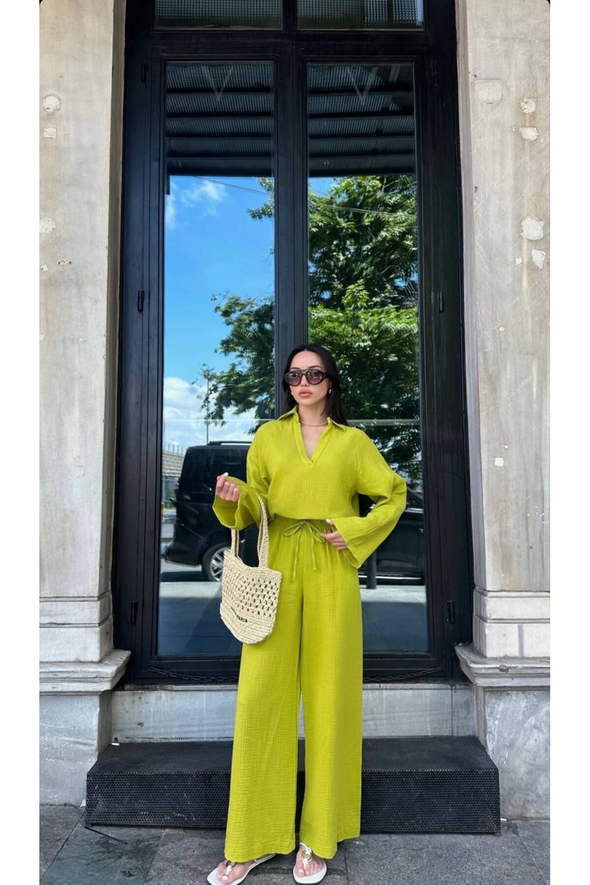 Hotfashion Polo Yaka İspanyol Kol Bluz Bağcıklı Pantolon Takım