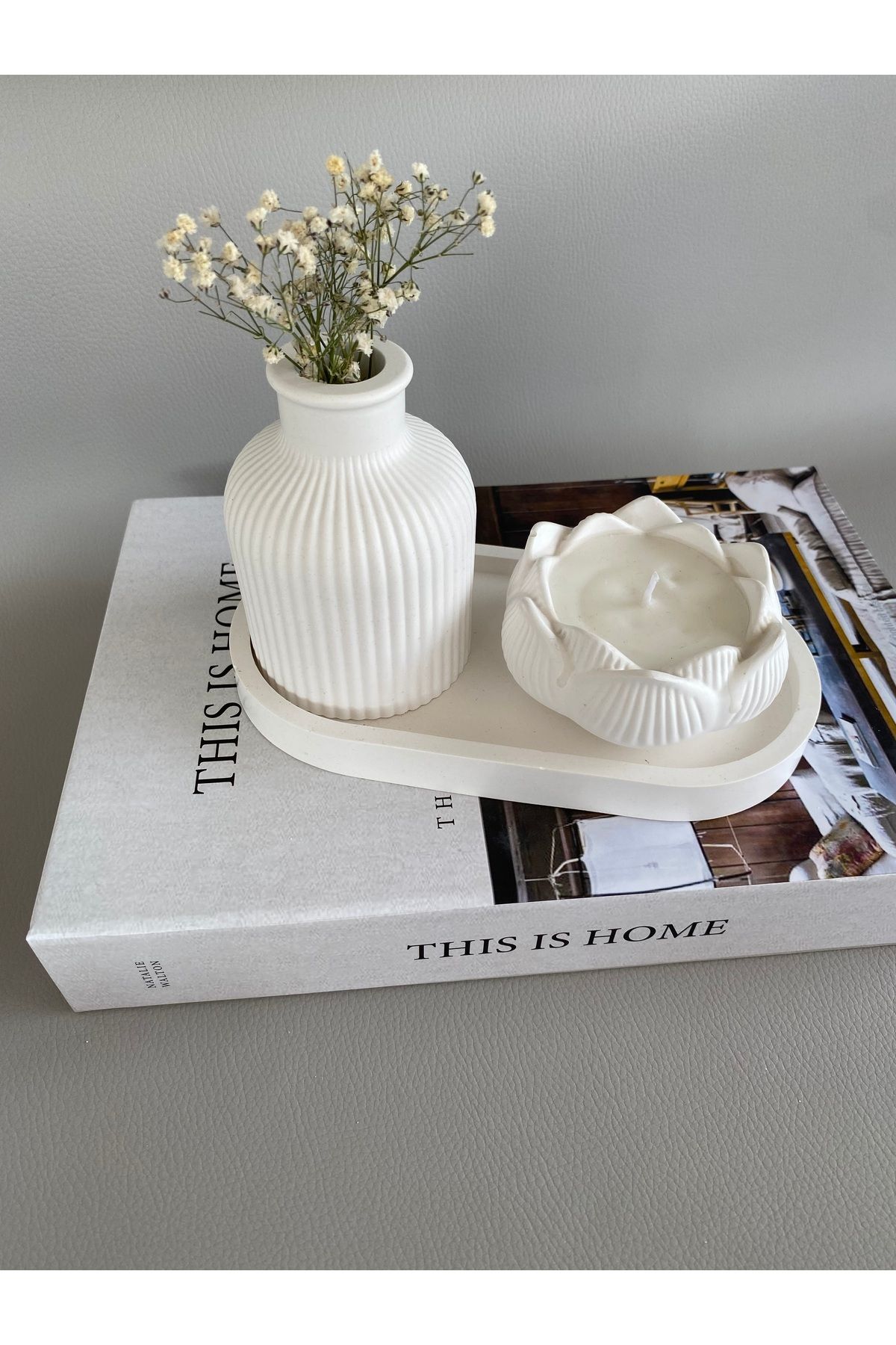 SELAR HOME DECOR Dekoratif Bohem Vazo,Lotus Çiçeği Şeklinde Mumluk ve Oval Tepsi 3'lü set