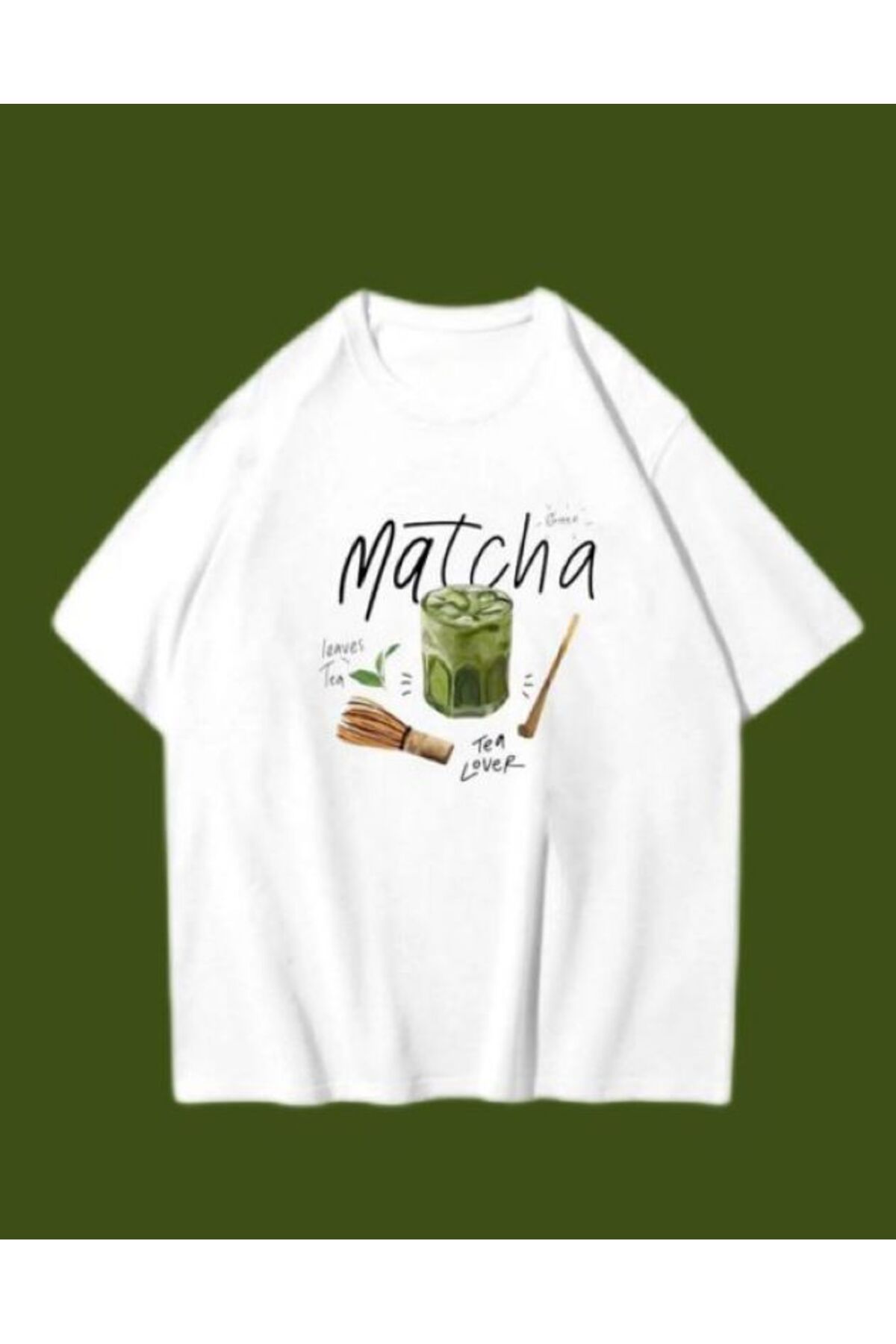 Elvino Matcha Baskılı Oversize Unisex Beyaz Pinterest Tshirt